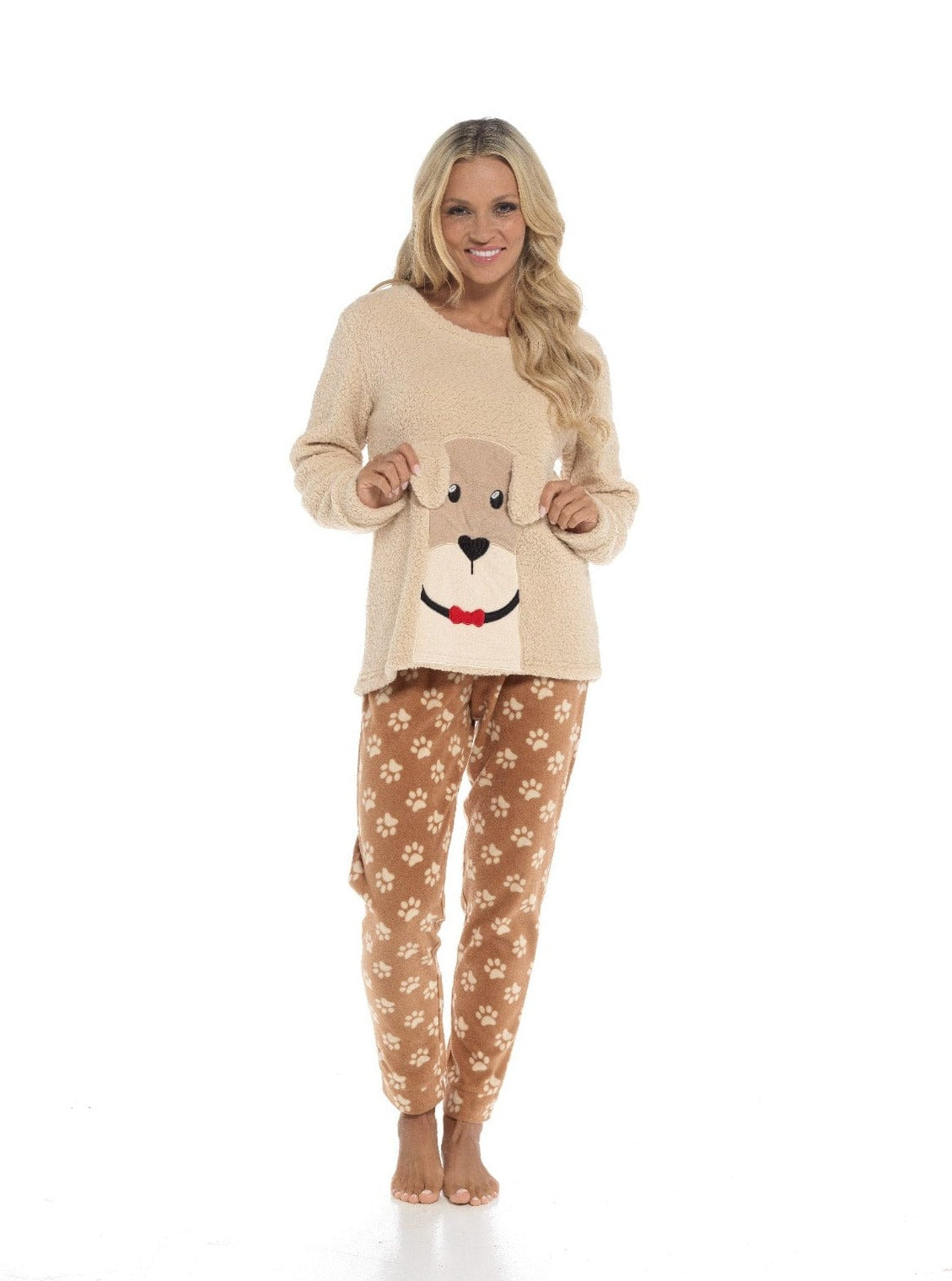OLIVIA ROCCO Women's Fleece Pyjama Set Dog Snuggle Design Long Sleeve Top Patterned Bottoms Loungewear Sleepwear Size Range