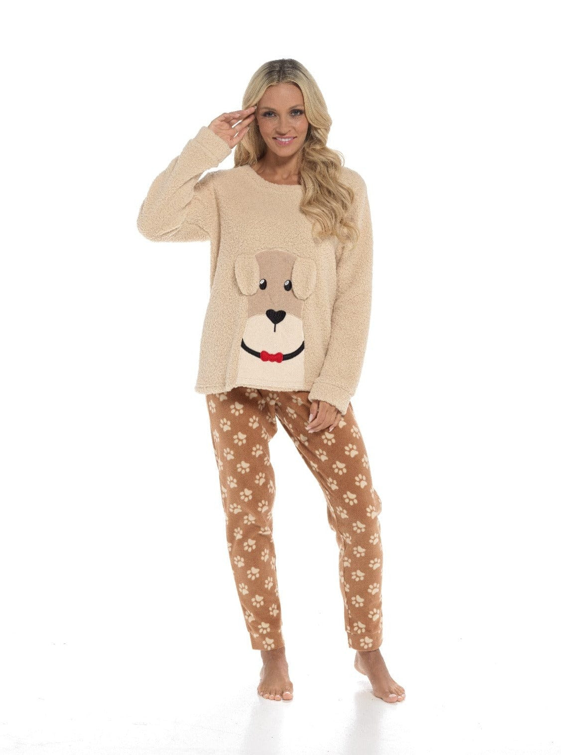 OLIVIA ROCCO Women's Fleece Pyjama Set Dog Snuggle Design Long Sleeve Top Patterned Bottoms Loungewear Sleepwear Size Range