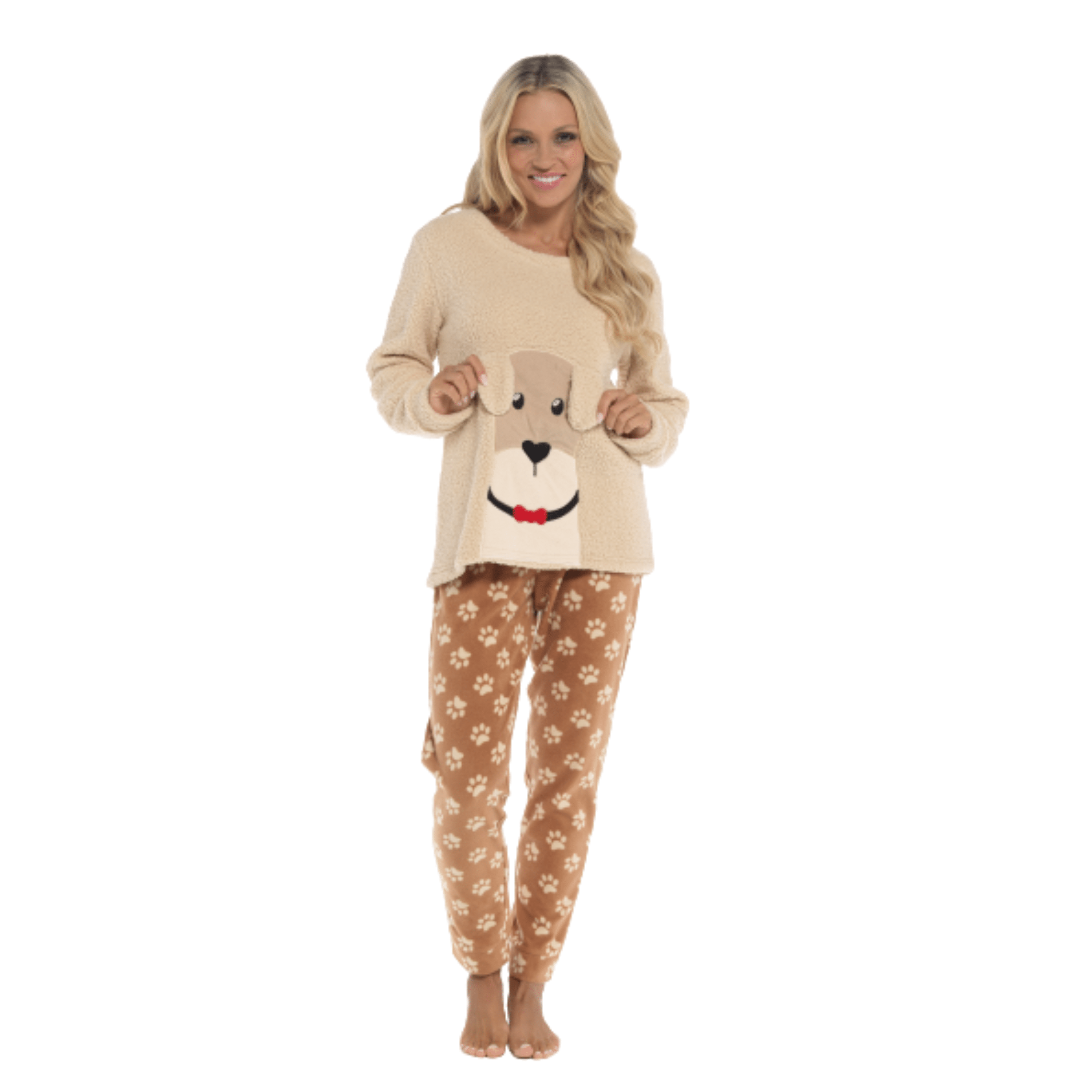 OLIVIA ROCCO Women's Fleece Pyjama Set Dog Snuggle Design Long Sleeve Top Patterned Bottoms Loungewear Sleepwear Size Range