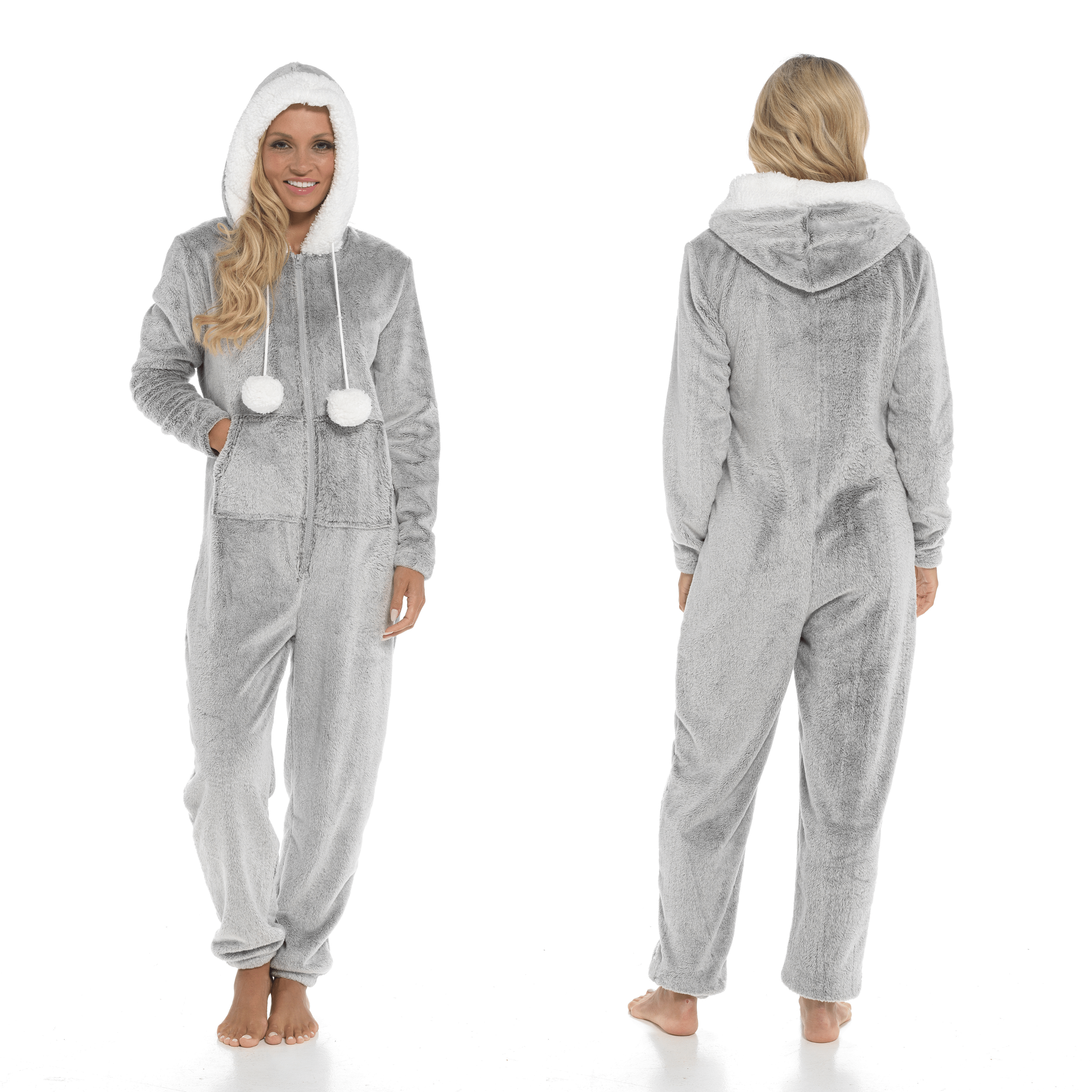 OLIVIA ROCCO Womens Shimmer Fleece Hooded Onesie With Zip Pockets Pompom Detail Soft Plush Fleece Lining All In One Sleepwear