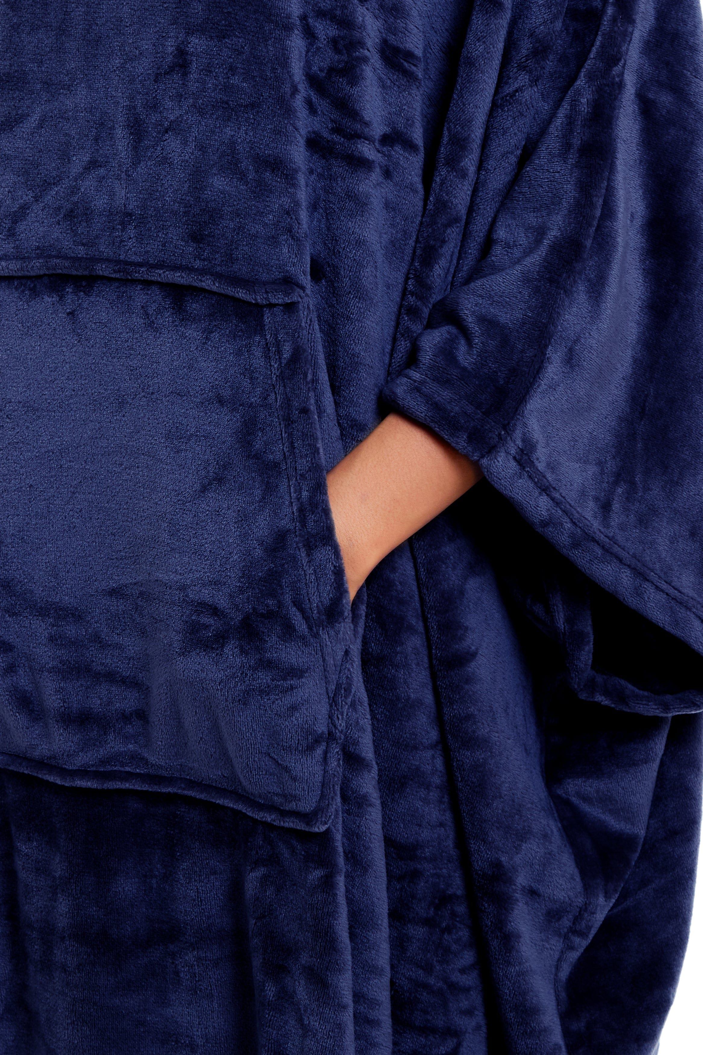 OLIVIA ROCCO Women's Oversized Hooded Poncho Blanket Plush Fleece Navy Charcoal With Double Front Pocket Indoor Outdoor Use