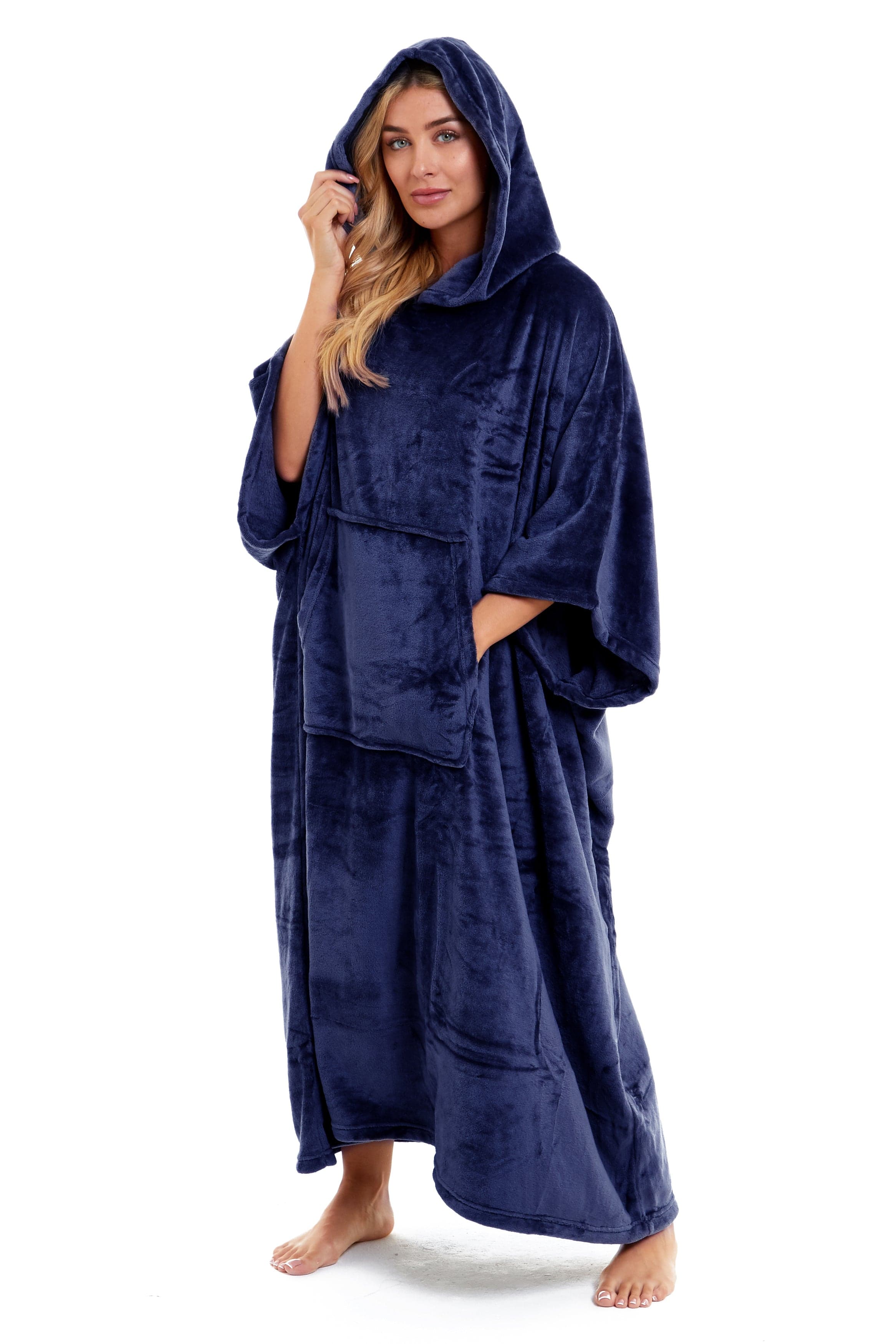 OLIVIA ROCCO Women's Oversized Hooded Poncho Blanket Plush Fleece Navy Charcoal With Double Front Pocket Indoor Outdoor Use