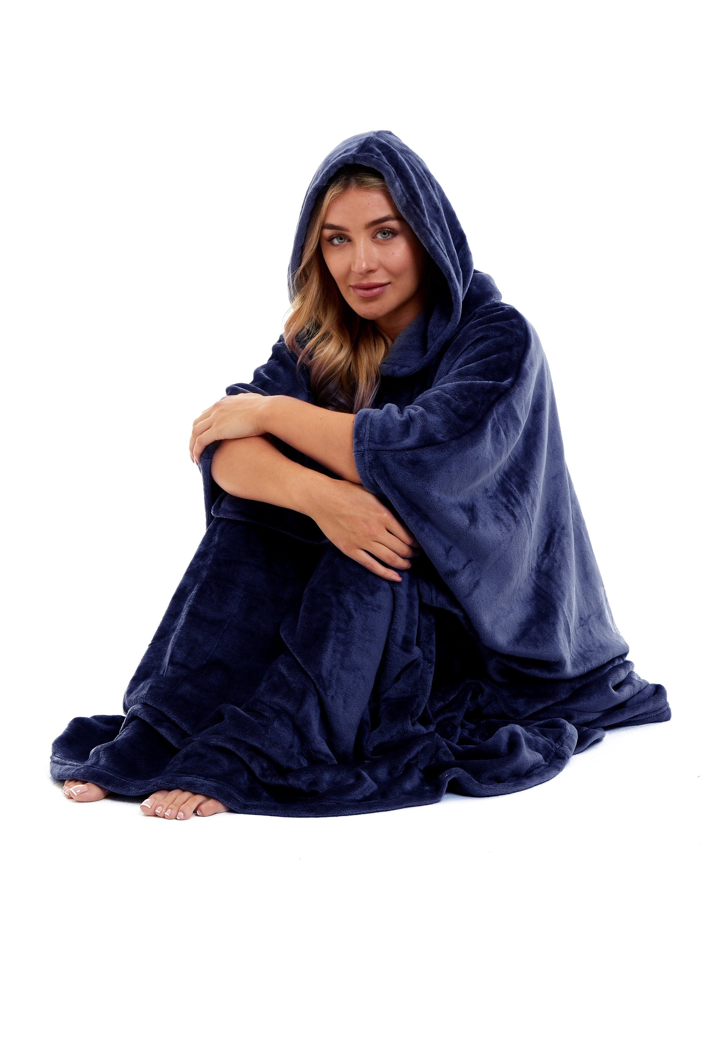 OLIVIA ROCCO Women's Oversized Hooded Poncho Blanket Plush Fleece Navy Charcoal With Double Front Pocket Indoor Outdoor Use