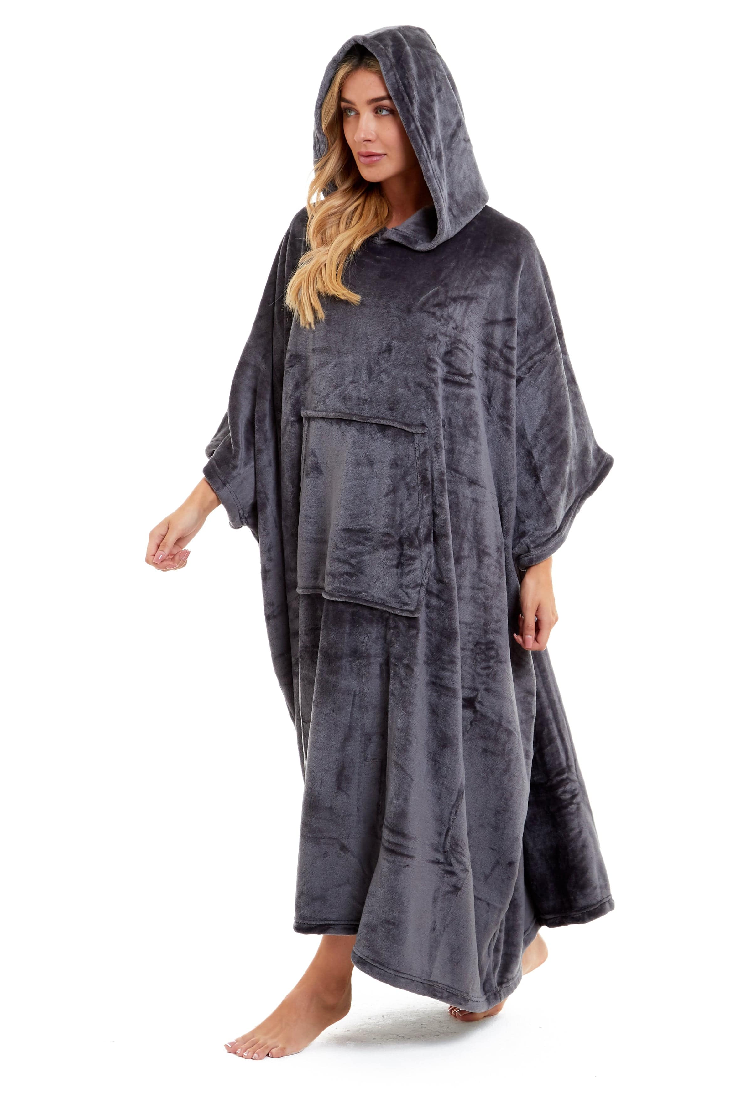 OLIVIA ROCCO Women's Oversized Hooded Poncho Blanket Plush Fleece Navy Charcoal With Double Front Pocket Indoor Outdoor Use