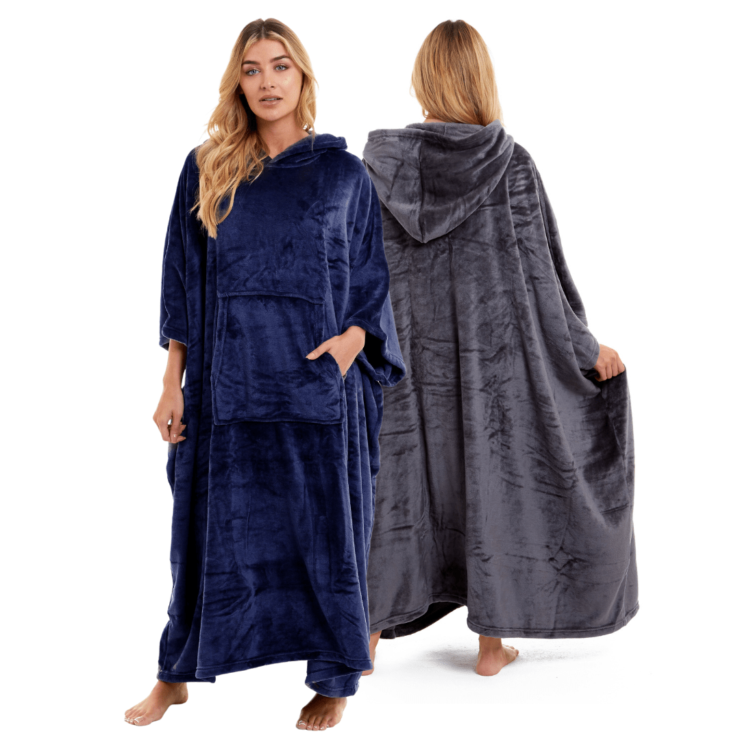 OLIVIA ROCCO Women's Oversized Hooded Poncho Blanket Plush Fleece Navy Charcoal With Double Front Pocket Indoor Outdoor Use