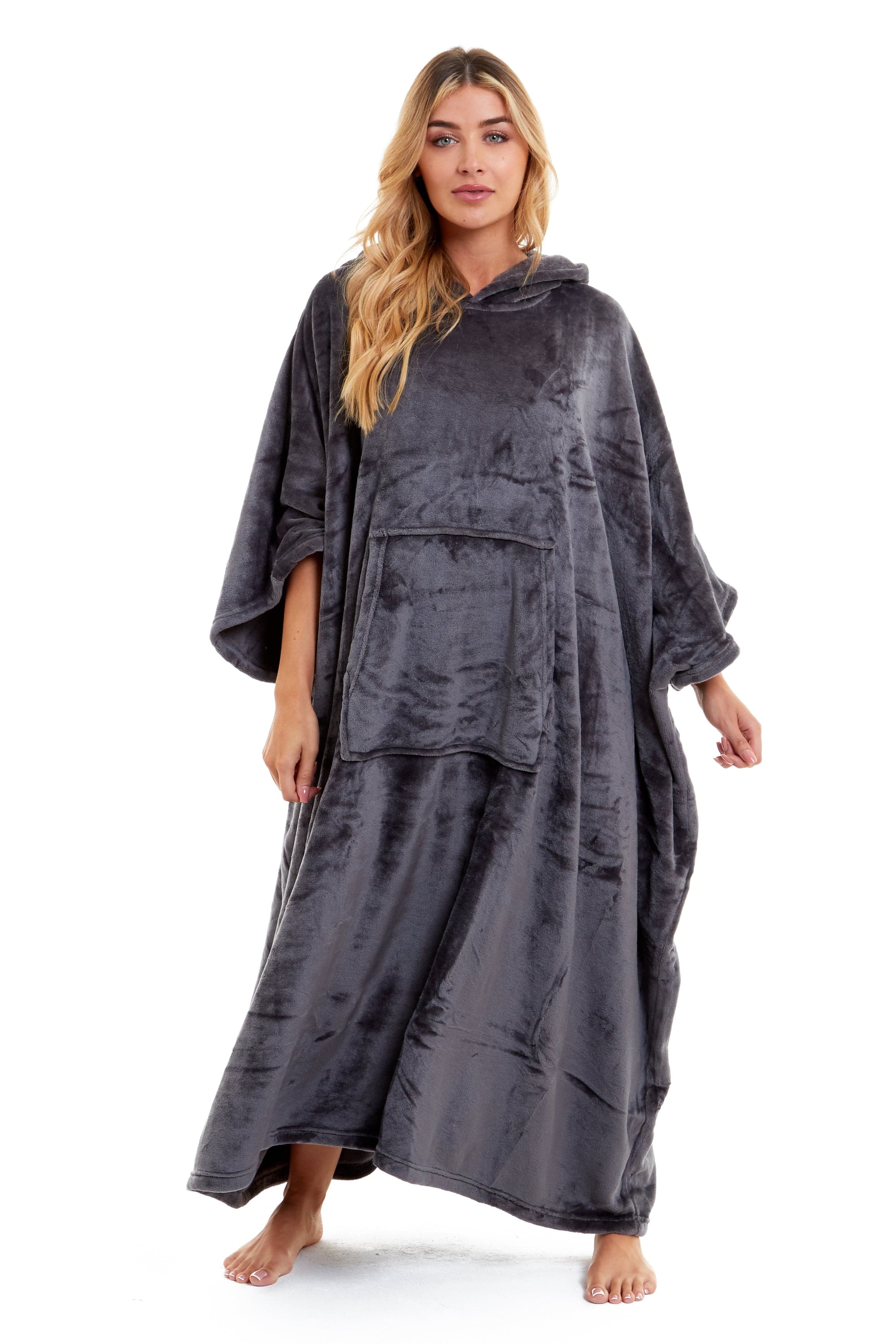 OLIVIA ROCCO Women's Oversized Hooded Poncho Blanket Plush Fleece Navy Charcoal With Double Front Pocket Indoor Outdoor Use