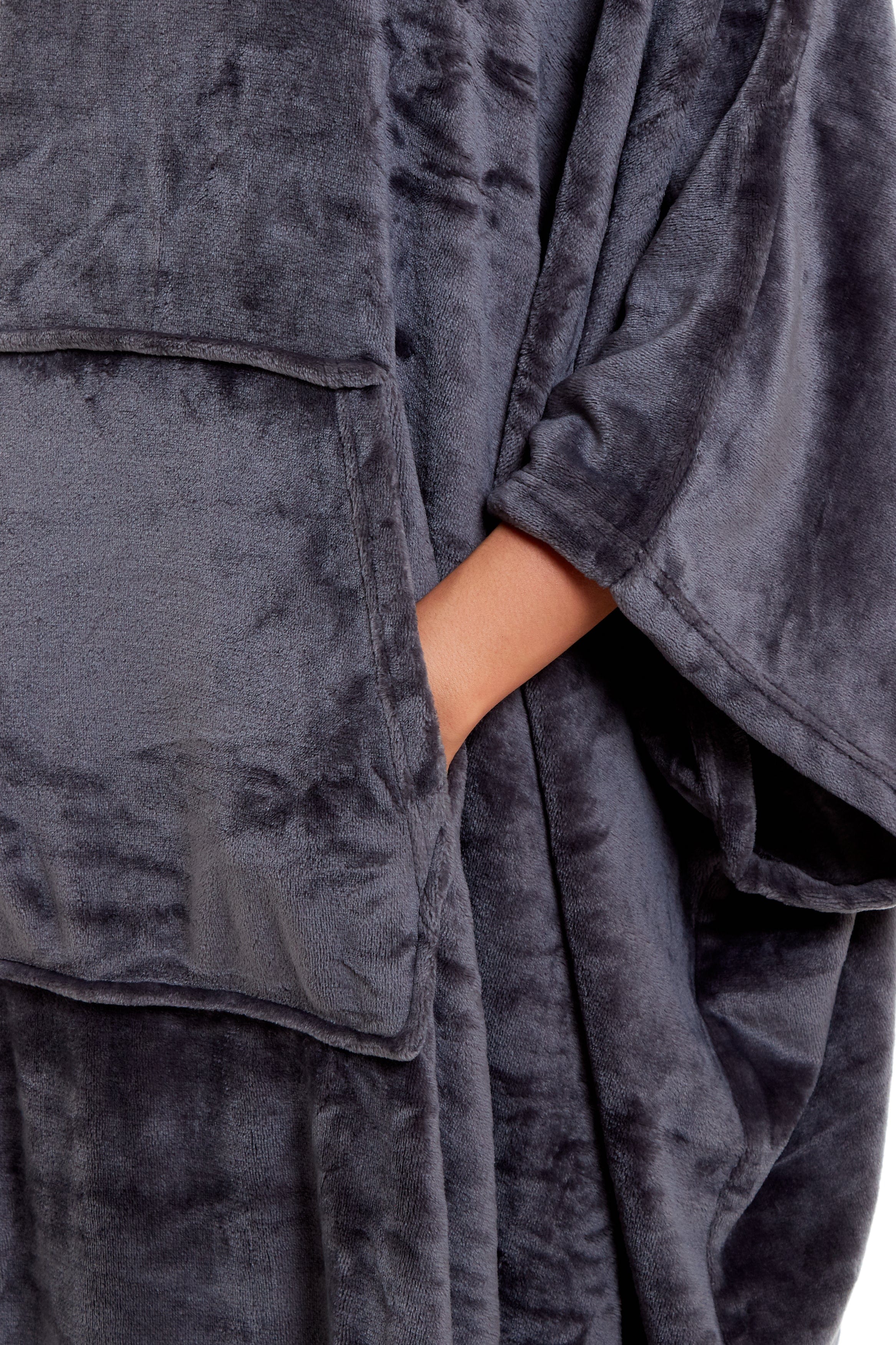 OLIVIA ROCCO Women's Oversized Hooded Poncho Blanket Plush Fleece Navy Charcoal With Double Front Pocket Indoor Outdoor Use