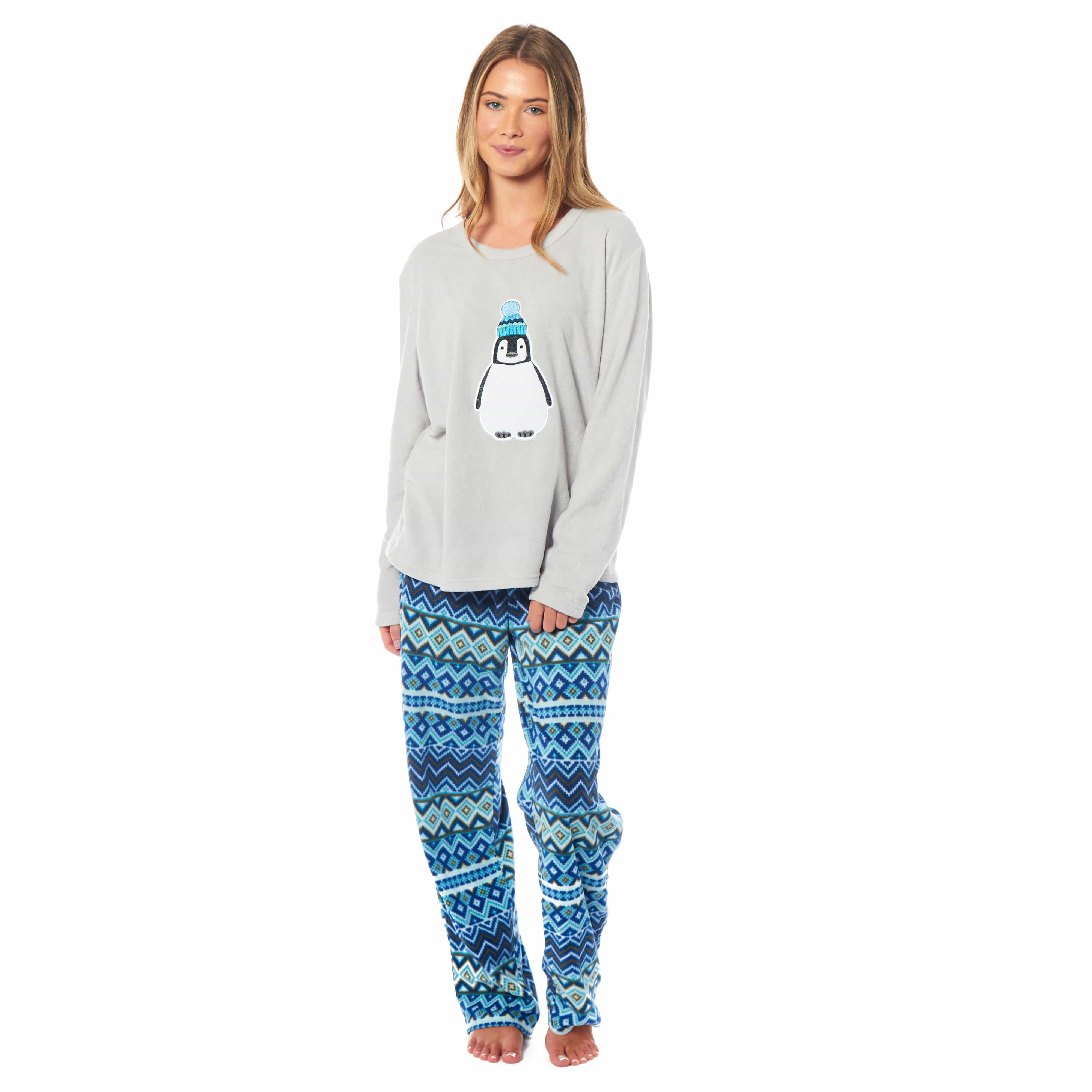 OLIVIA ROCCO Women's Thermal Fleece Pyjamas Set Penguin Print, Long Sleeve Top and Bottom, 100% Polyester, Winter Sleepwear