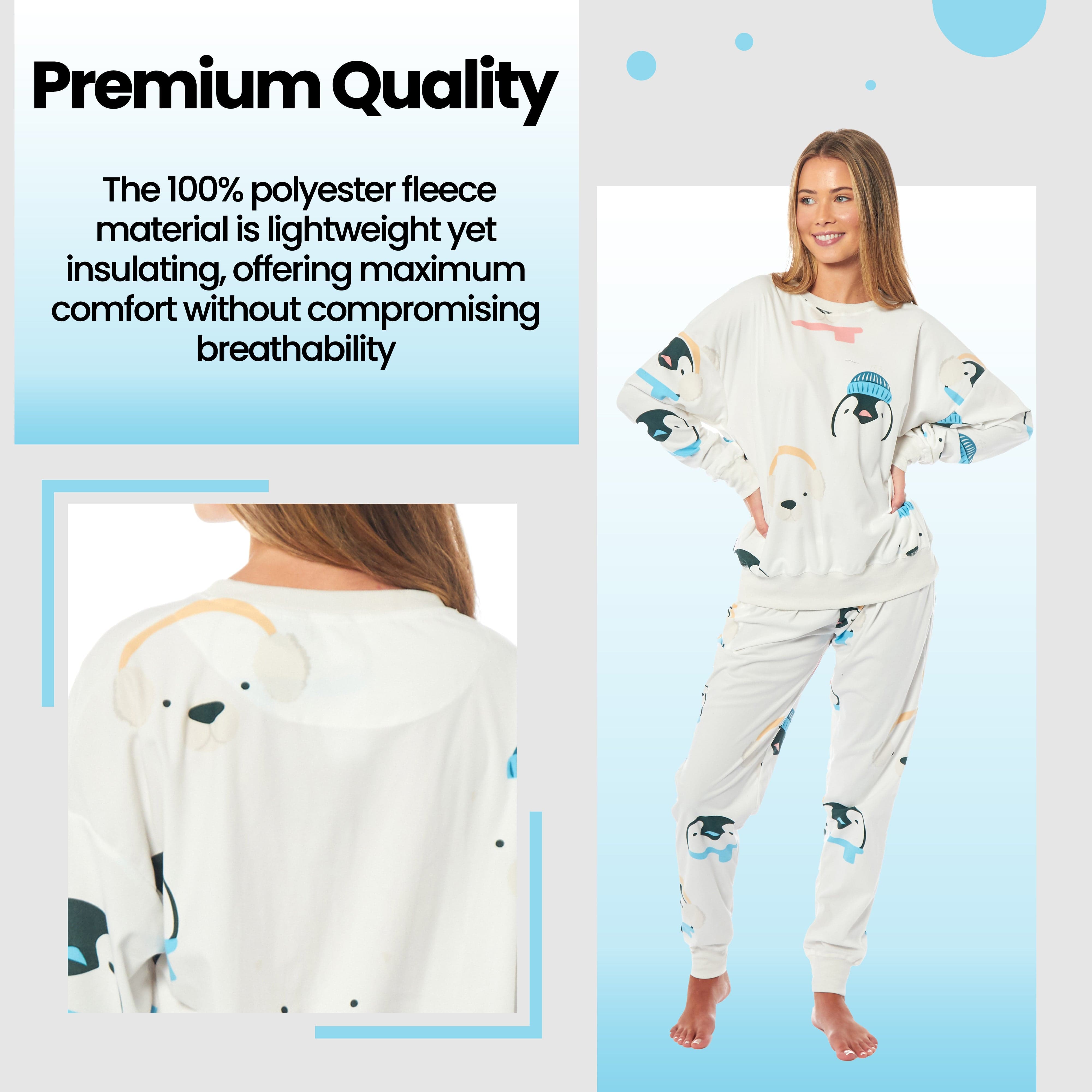 OLIVIA ROCCO Womens Soft Fleece Pyjama Set With Long Sleeve Penguins And Polar Bears Print Warm Cozy Loungewear Sleepwear For Ladies