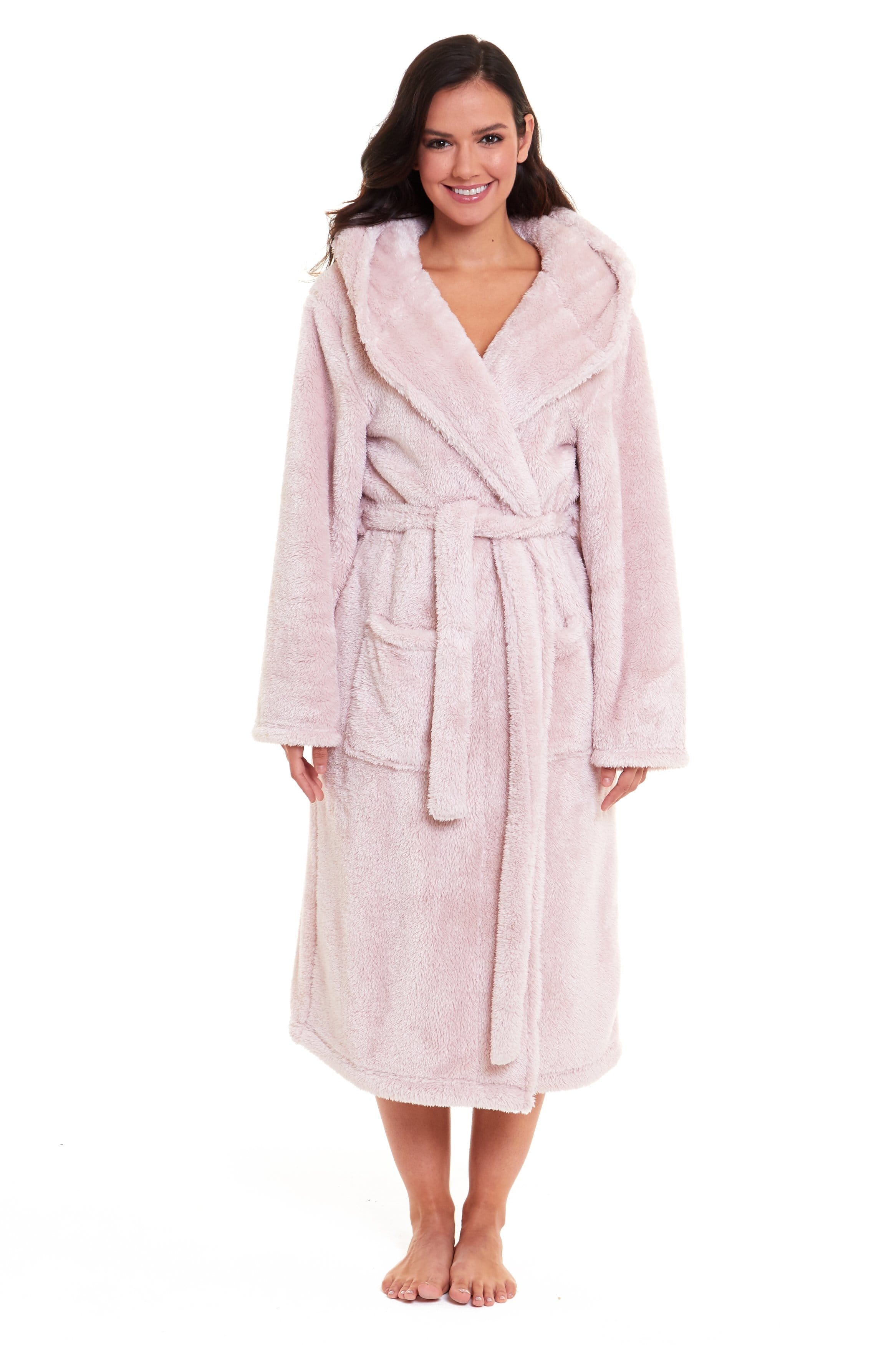OLIVIA ROCCO Women's Pink Snuggle Fleece Hooded Robe Velvet Touch Dressing Gown Ultra Soft Loungewear For Home UK Sizes 8 To 22