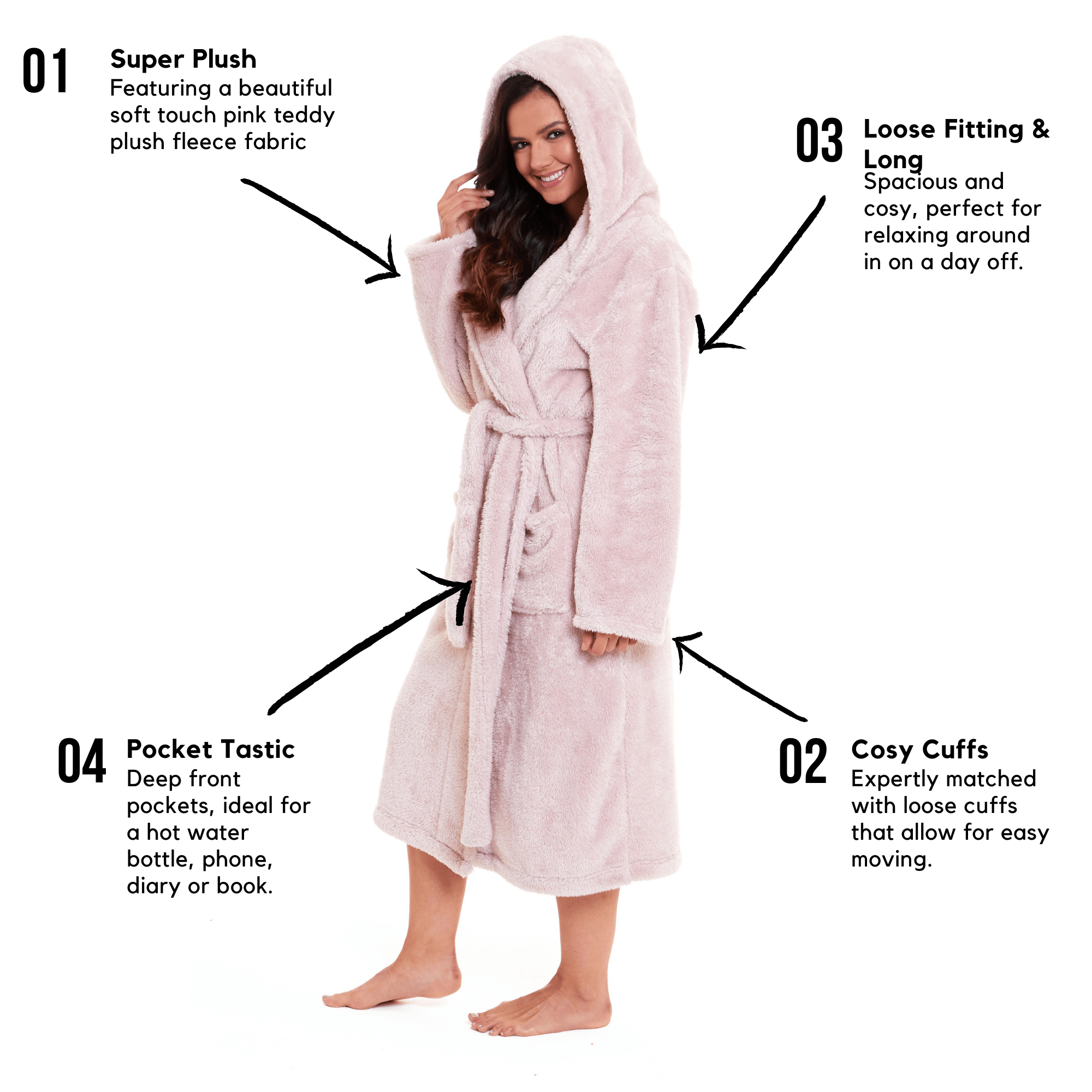 OLIVIA ROCCO Women's Pink Snuggle Fleece Hooded Robe Velvet Touch Dressing Gown Ultra Soft Loungewear For Home UK Sizes 8 To 22