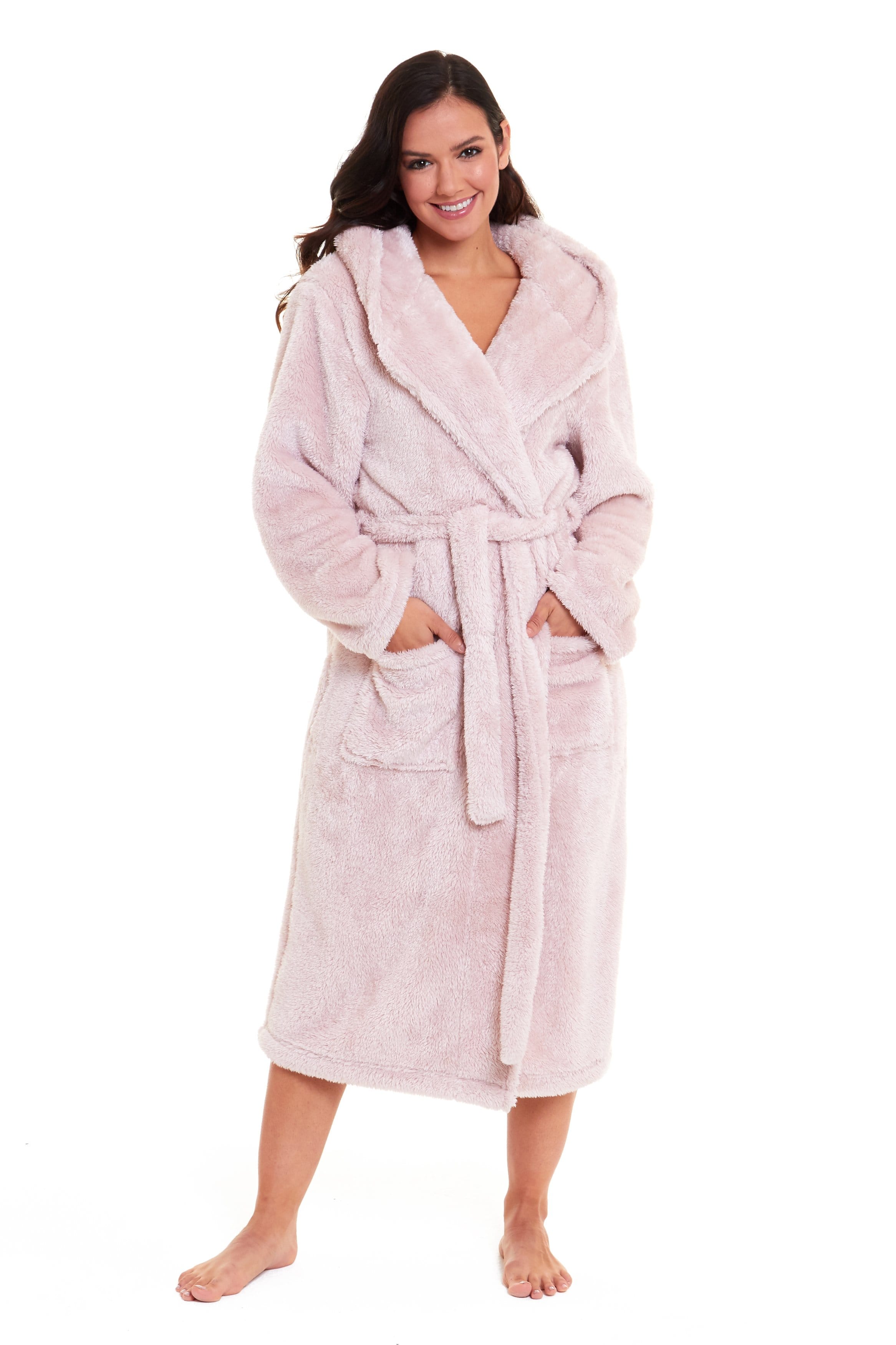 OLIVIA ROCCO Women's Pink Snuggle Fleece Hooded Robe Velvet Touch Dressing Gown Ultra Soft Loungewear For Home UK Sizes 8 To 22