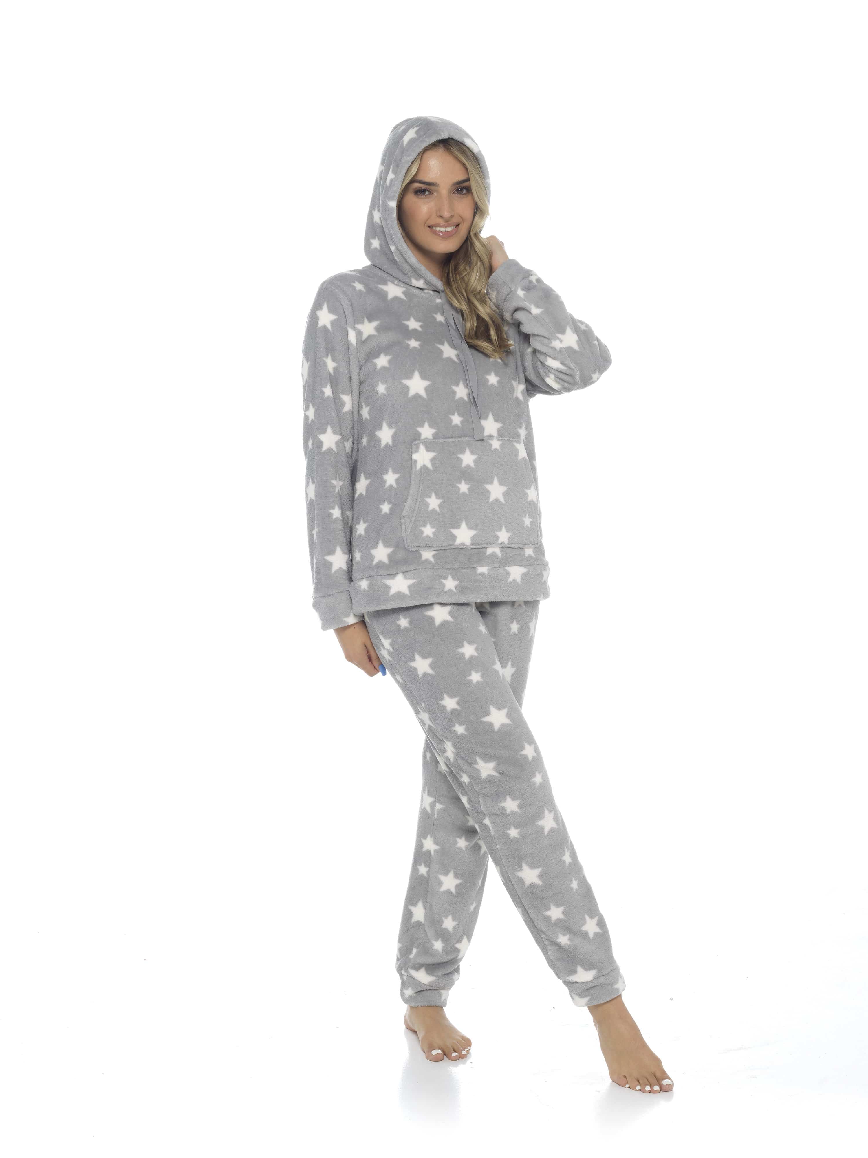 OLIVIA ROCCO Womens Stars Plush Fleece Hooded Pyjama Set Teddy Fabric Nightwear Soft Warm Cosy Lounge Multiple Sizes Boutique