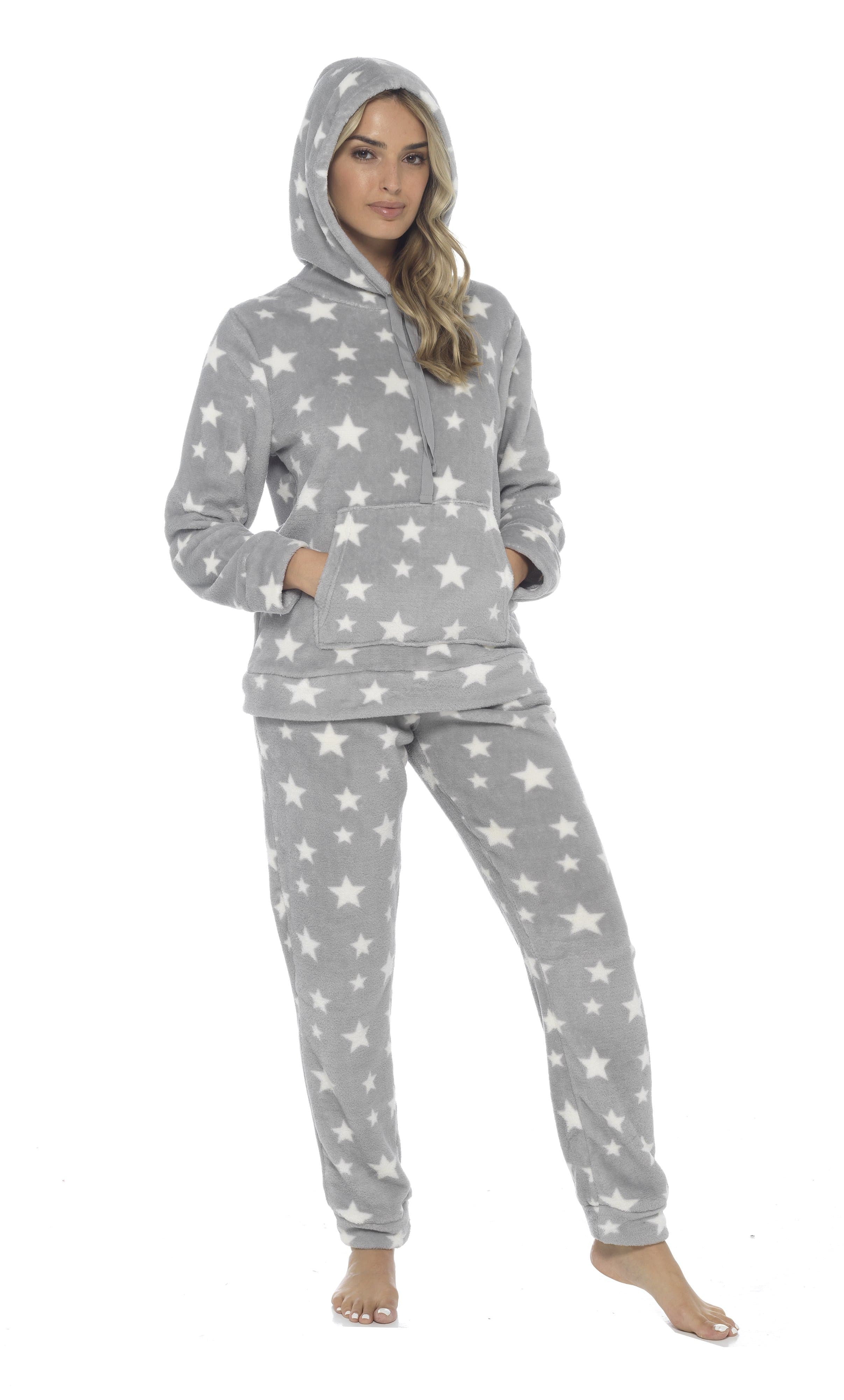 OLIVIA ROCCO Womens Stars Plush Fleece Hooded Pyjama Set Teddy Fabric Nightwear Soft Warm Cosy Lounge Multiple Sizes Boutique