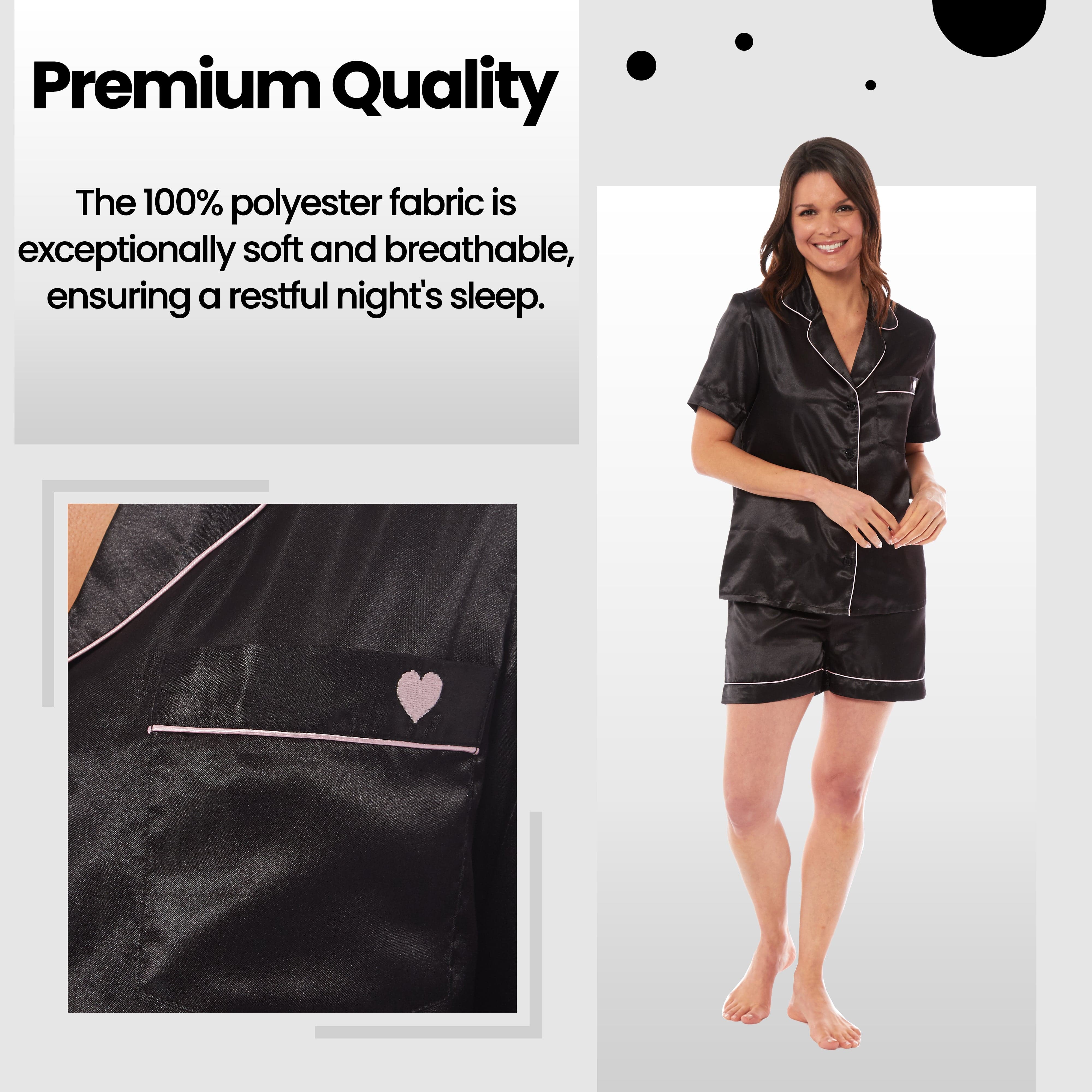 OLIVIA ROCCO Satin Silk Short Pyjama Set For Women Black Pink Grey UK 8 To 22 Loungewear Nightwear Soft Satin Finish Breathable Lightweight