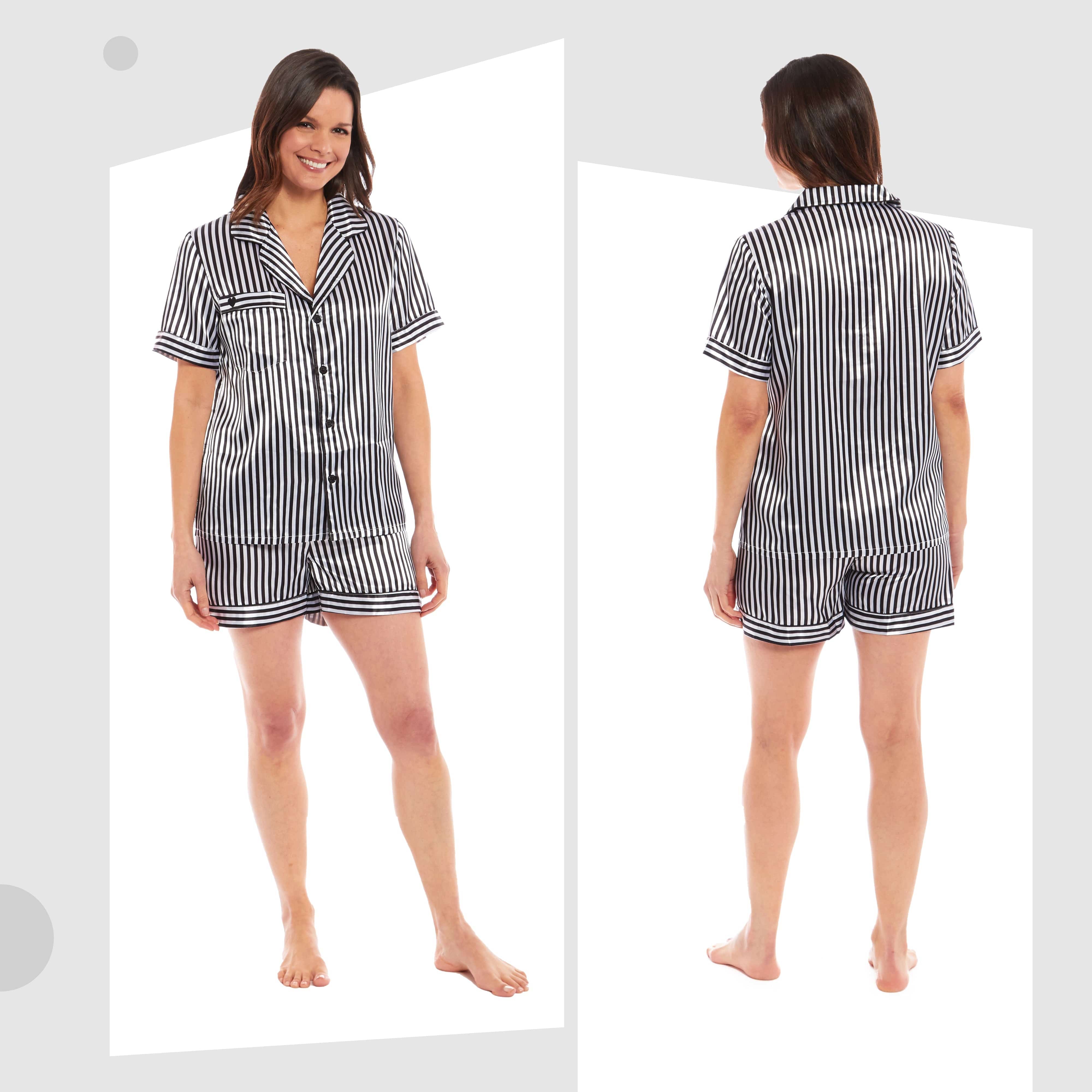 OLIVIA ROCCO Satin Silk Short Pyjama Set For Women Black Pink Grey UK 8 To 22 Loungewear Nightwear Soft Satin Finish Breathable Lightweight