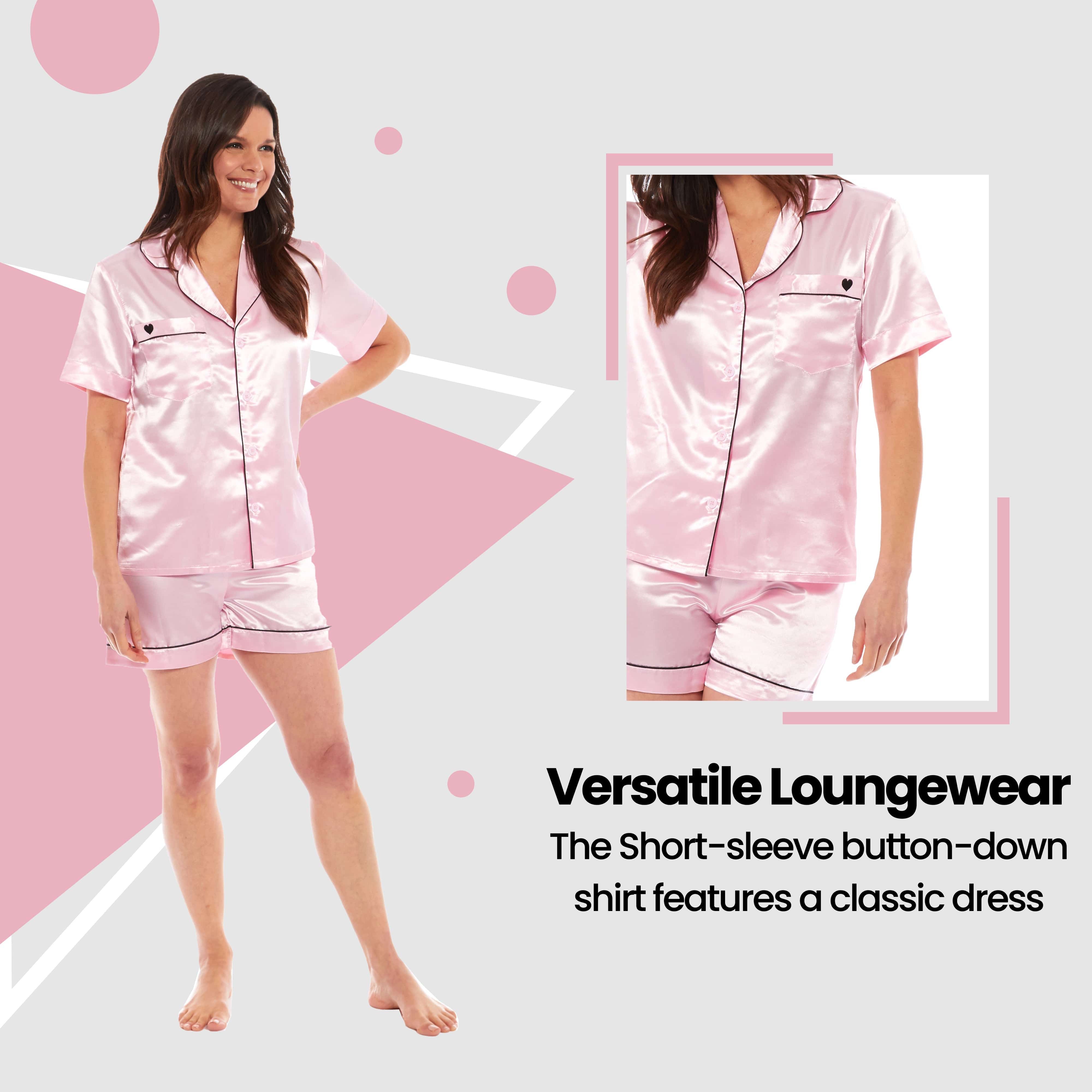 OLIVIA ROCCO Satin Silk Short Pyjama Set For Women Black Pink Grey UK 8 To 22 Loungewear Nightwear Soft Satin Finish Breathable Lightweight