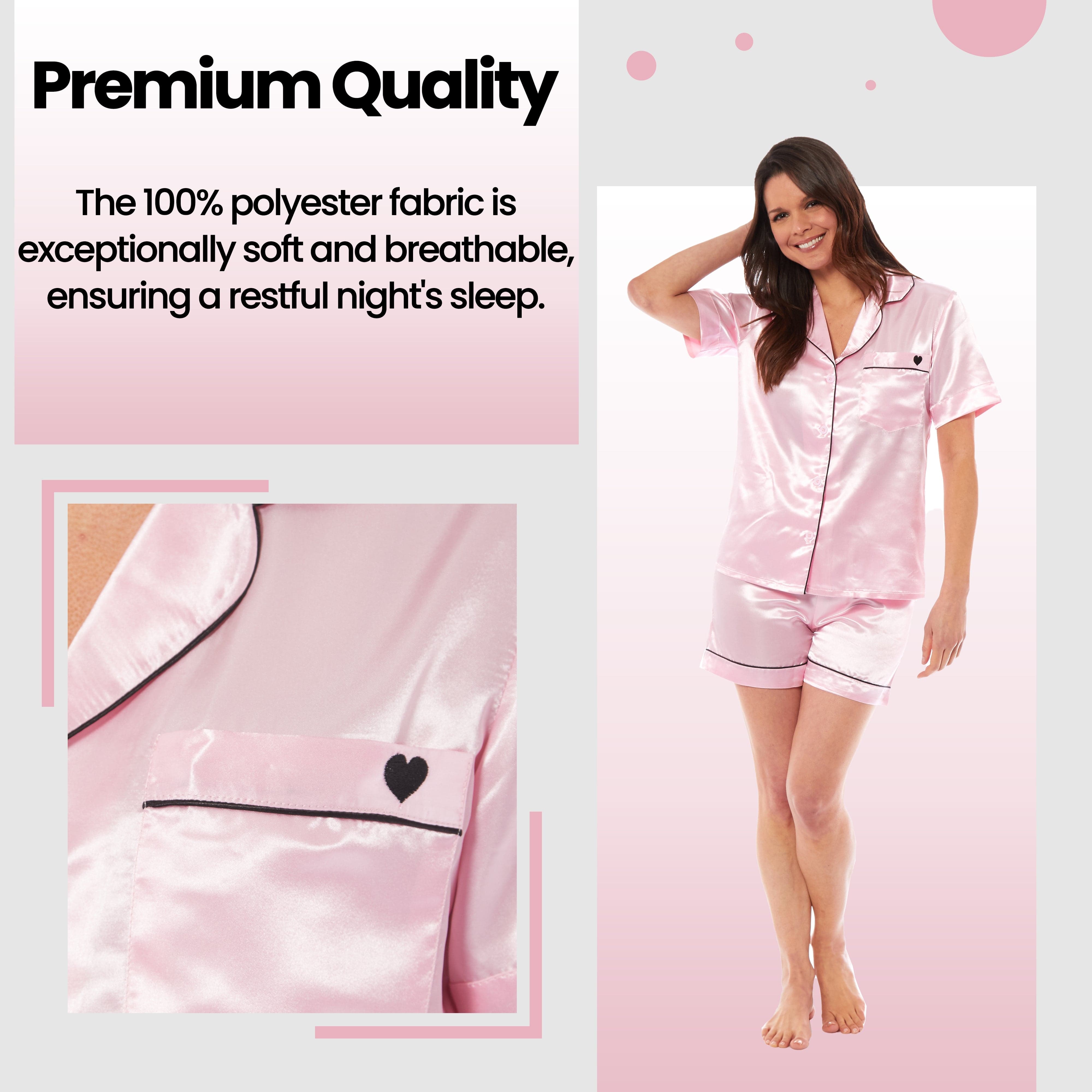 OLIVIA ROCCO Satin Silk Short Pyjama Set For Women Black Pink Grey UK 8 To 22 Loungewear Nightwear Soft Satin Finish Breathable Lightweight