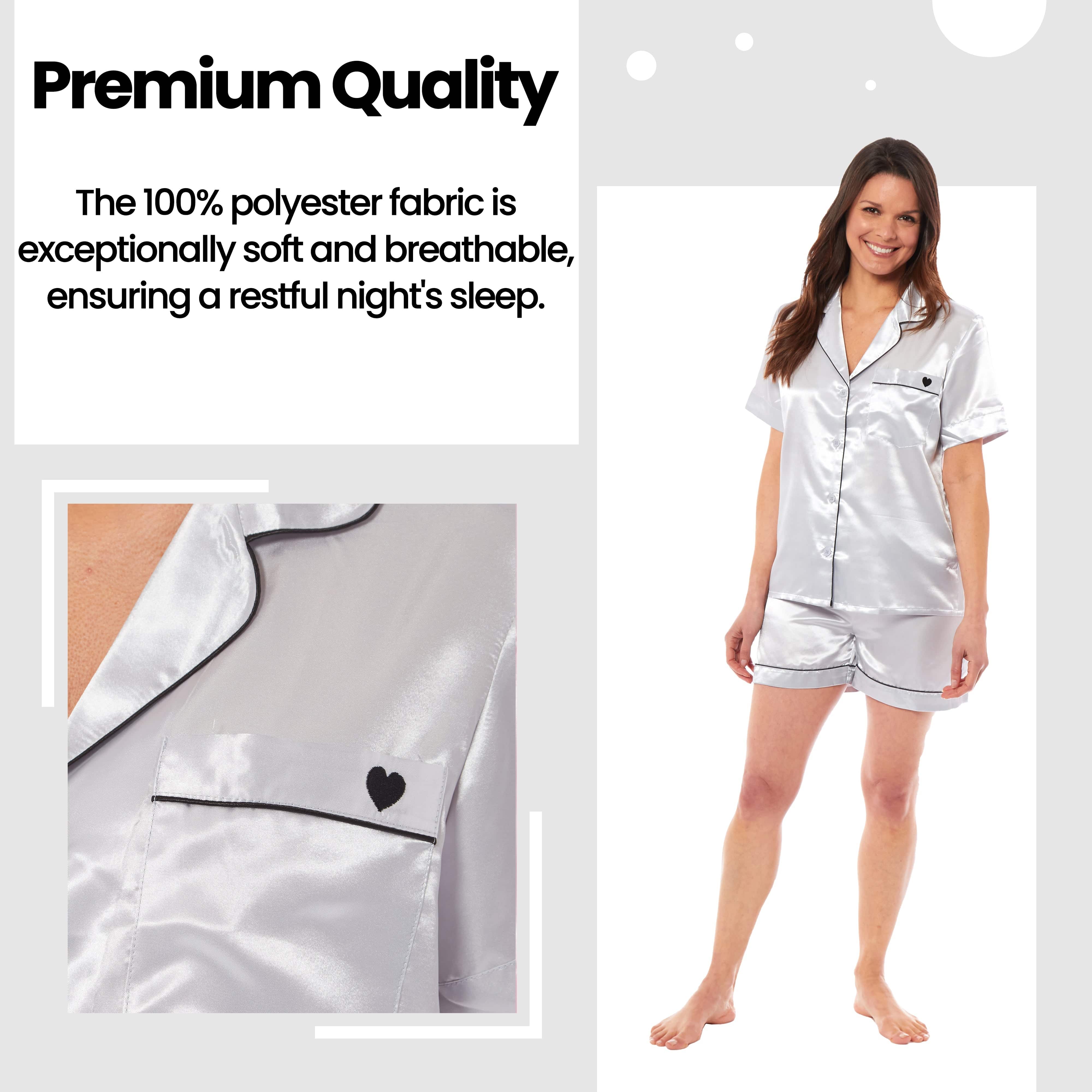 OLIVIA ROCCO Satin Silk Short Pyjama Set For Women Black Pink Grey UK 8 To 22 Loungewear Nightwear Soft Satin Finish Breathable Lightweight