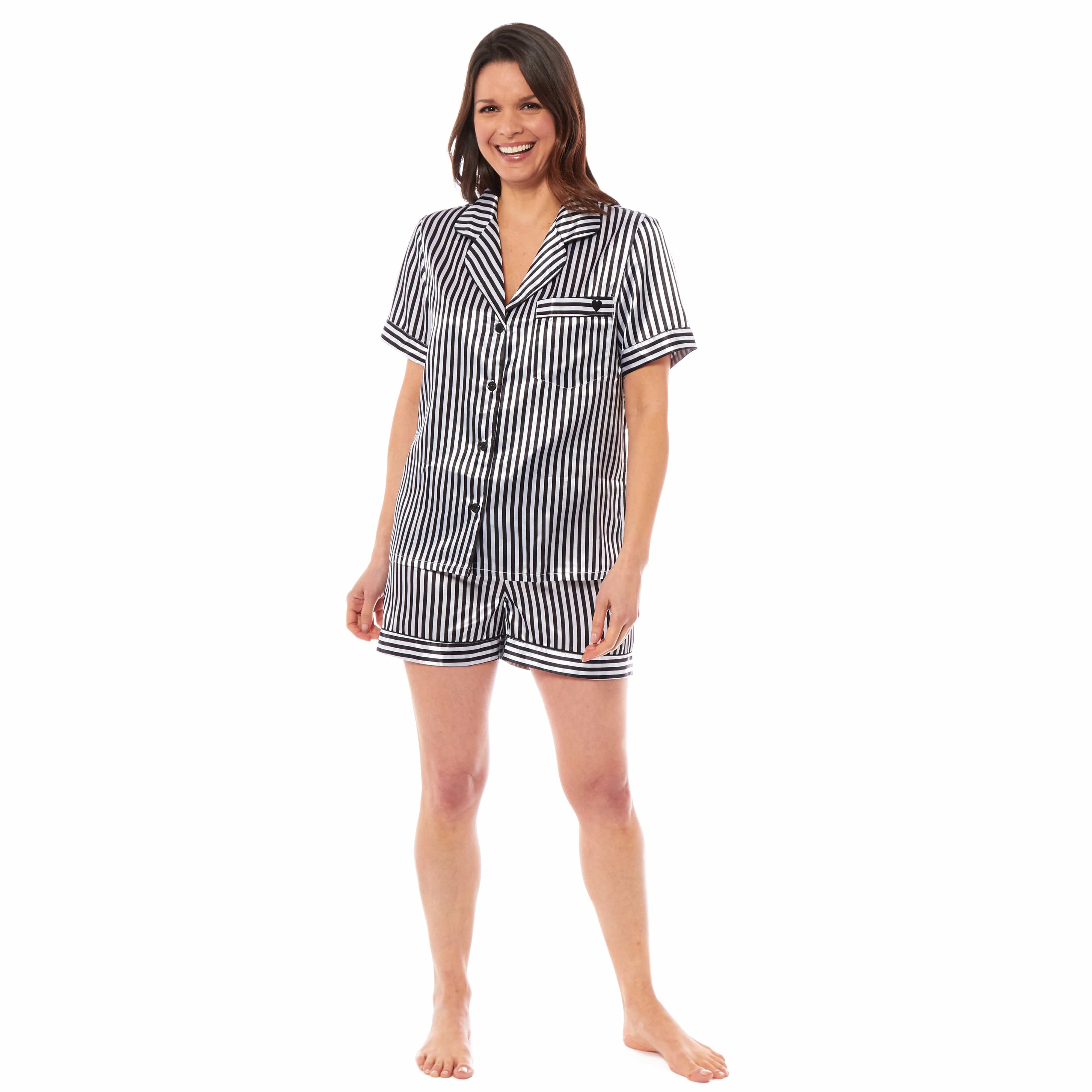 OLIVIA ROCCO Satin Silk Short Pyjama Set For Women Black Pink Grey UK 8 To 22 Loungewear Nightwear Soft Satin Finish Breathable Lightweight