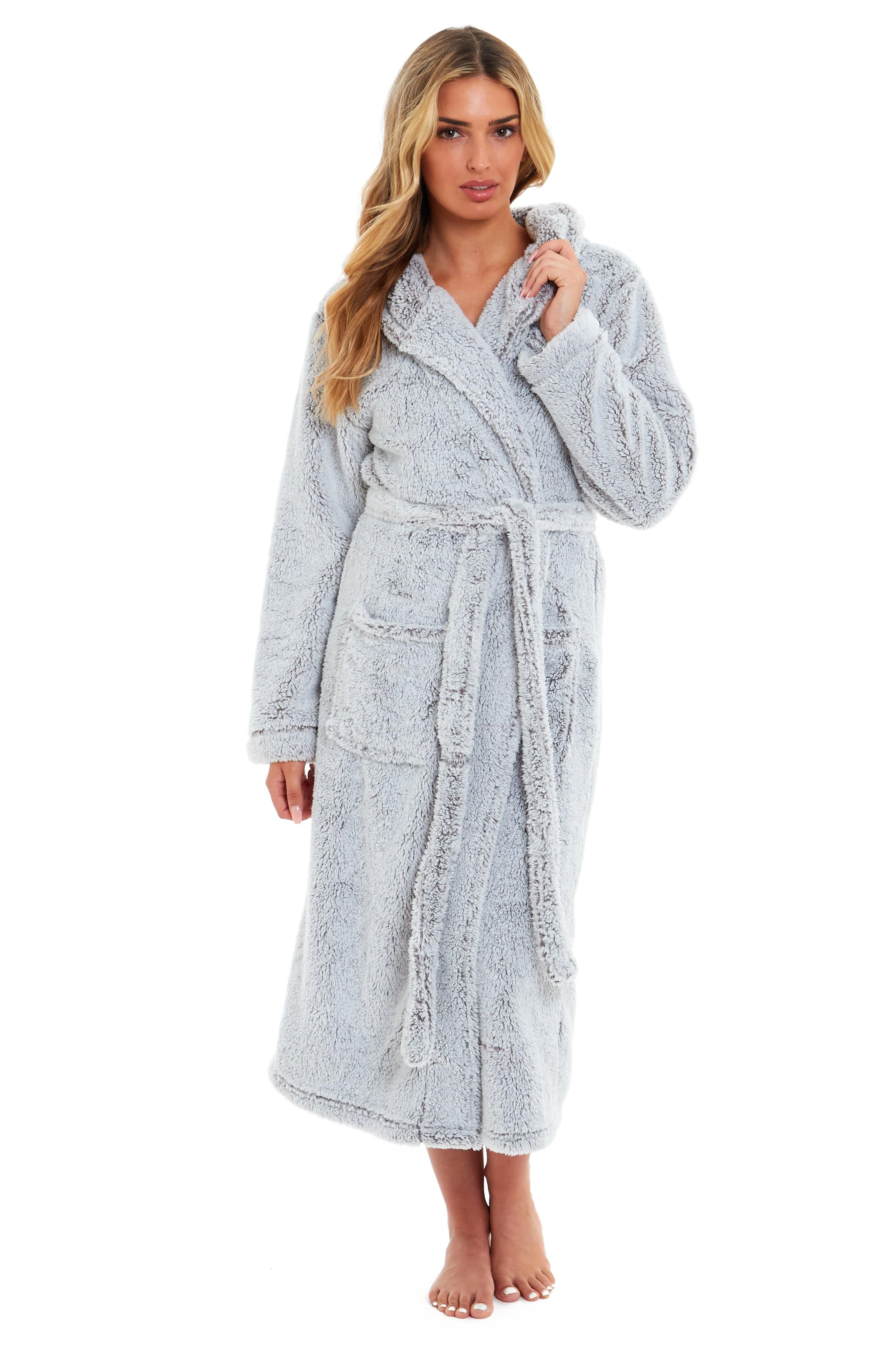 OLIVIA ROCCO Women's Shimmer Grey Snuggle Velvet Touch Fleece Hooded Robe Dressing Gown Ultra Soft Loungewear UK Size 8-22