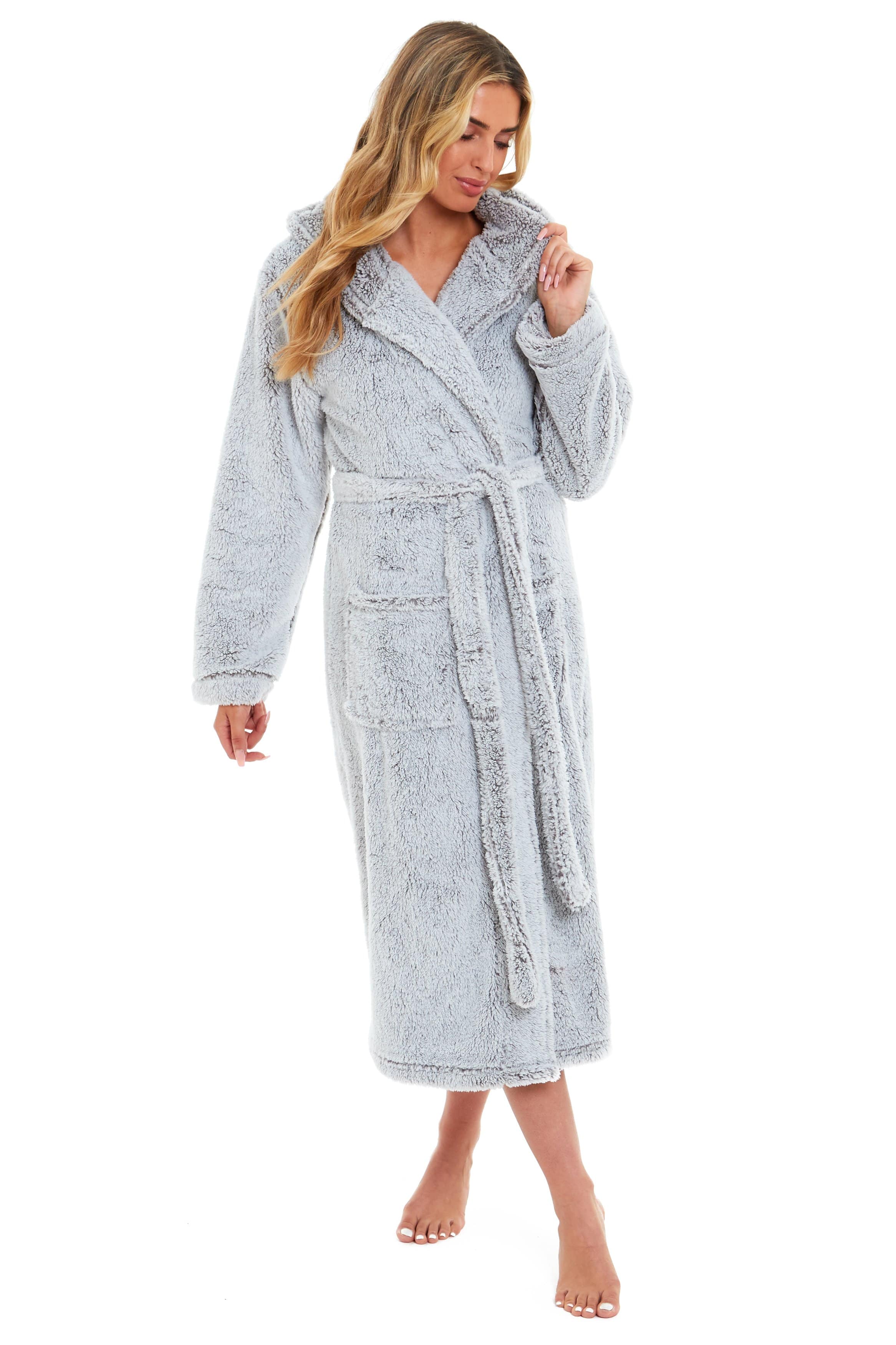 OLIVIA ROCCO Women's Shimmer Grey Snuggle Velvet Touch Fleece Hooded Robe Dressing Gown Ultra Soft Loungewear UK Size 8-22