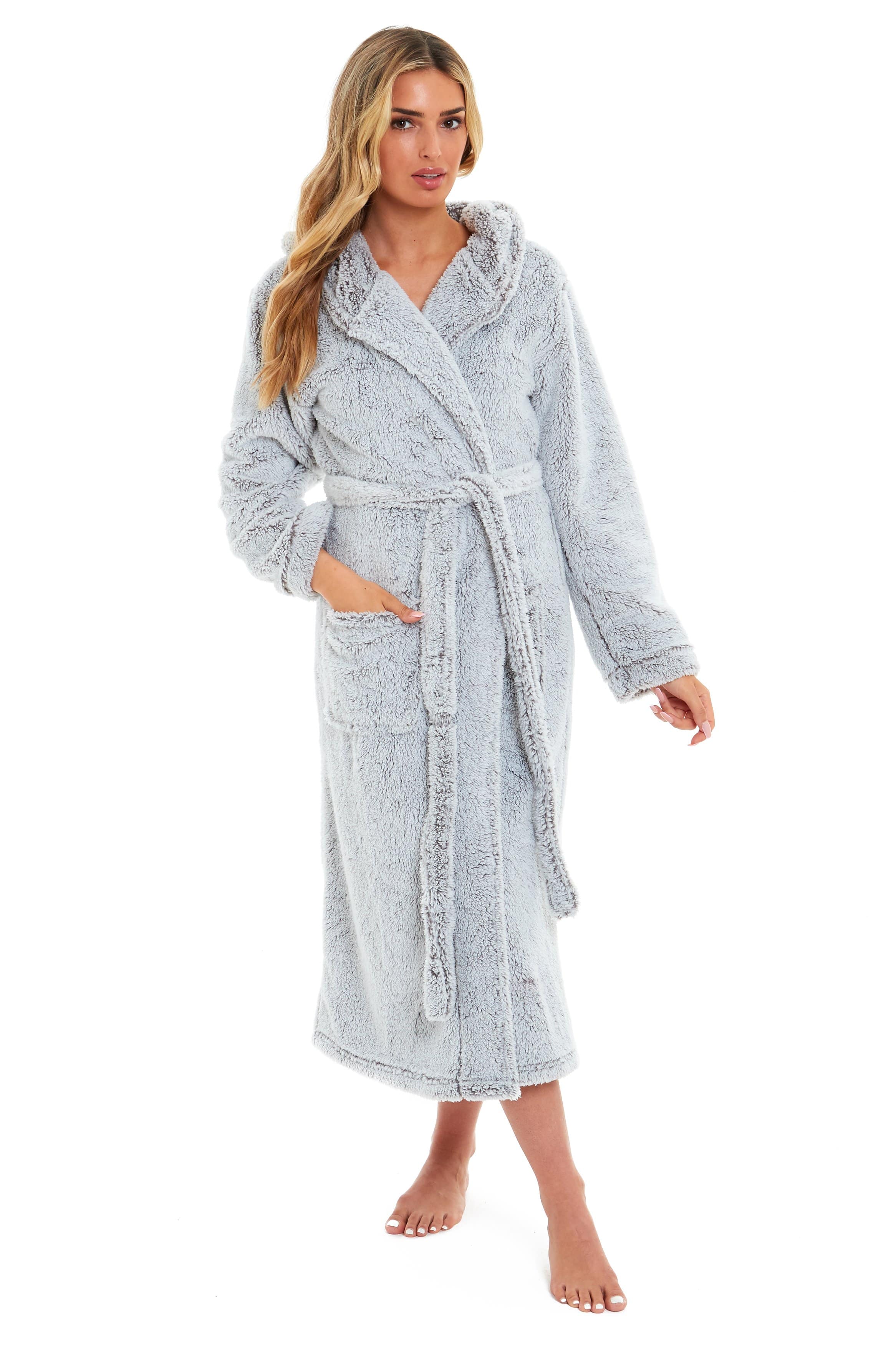 OLIVIA ROCCO Women's Shimmer Grey Snuggle Velvet Touch Fleece Hooded Robe Dressing Gown Ultra Soft Loungewear UK Size 8-22