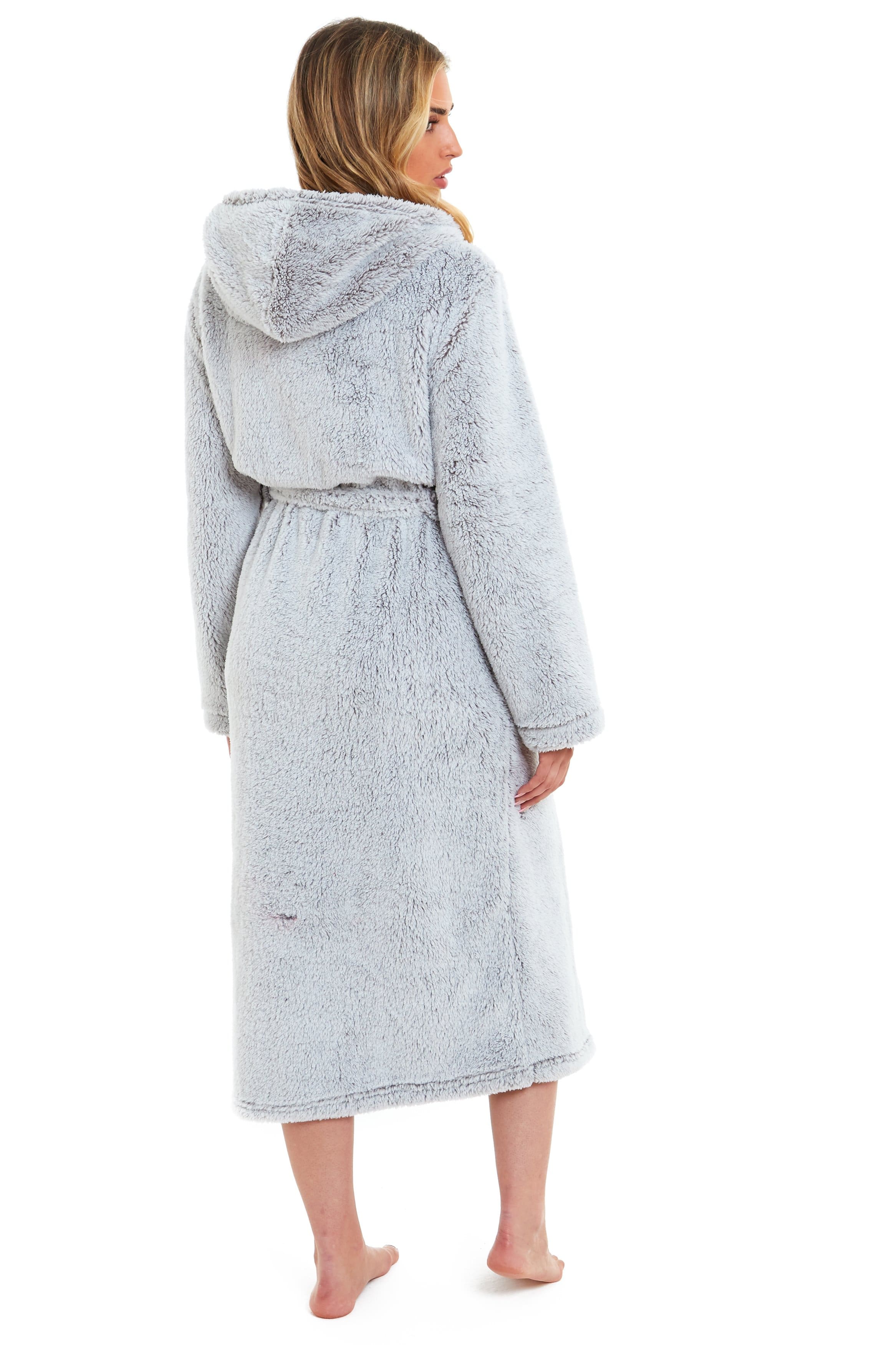 OLIVIA ROCCO Women's Shimmer Grey Snuggle Velvet Touch Fleece Hooded Robe Dressing Gown Ultra Soft Loungewear UK Size 8-22