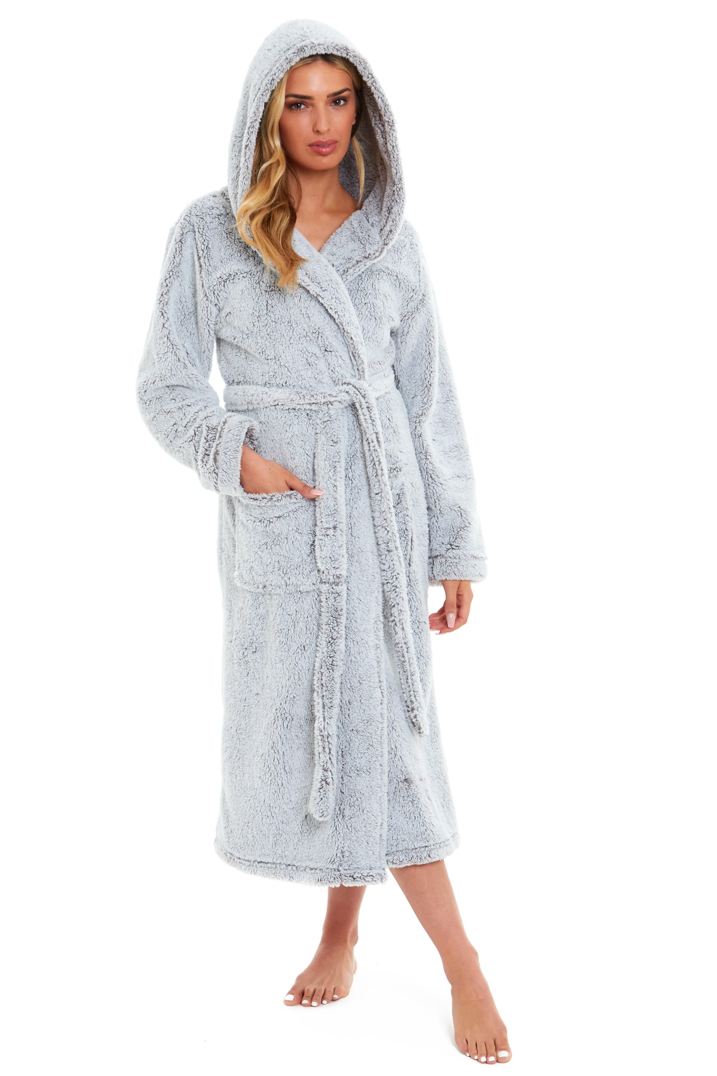 OLIVIA ROCCO Women's Shimmer Grey Snuggle Velvet Touch Fleece Hooded Robe Dressing Gown Ultra Soft Loungewear UK Size 8-22