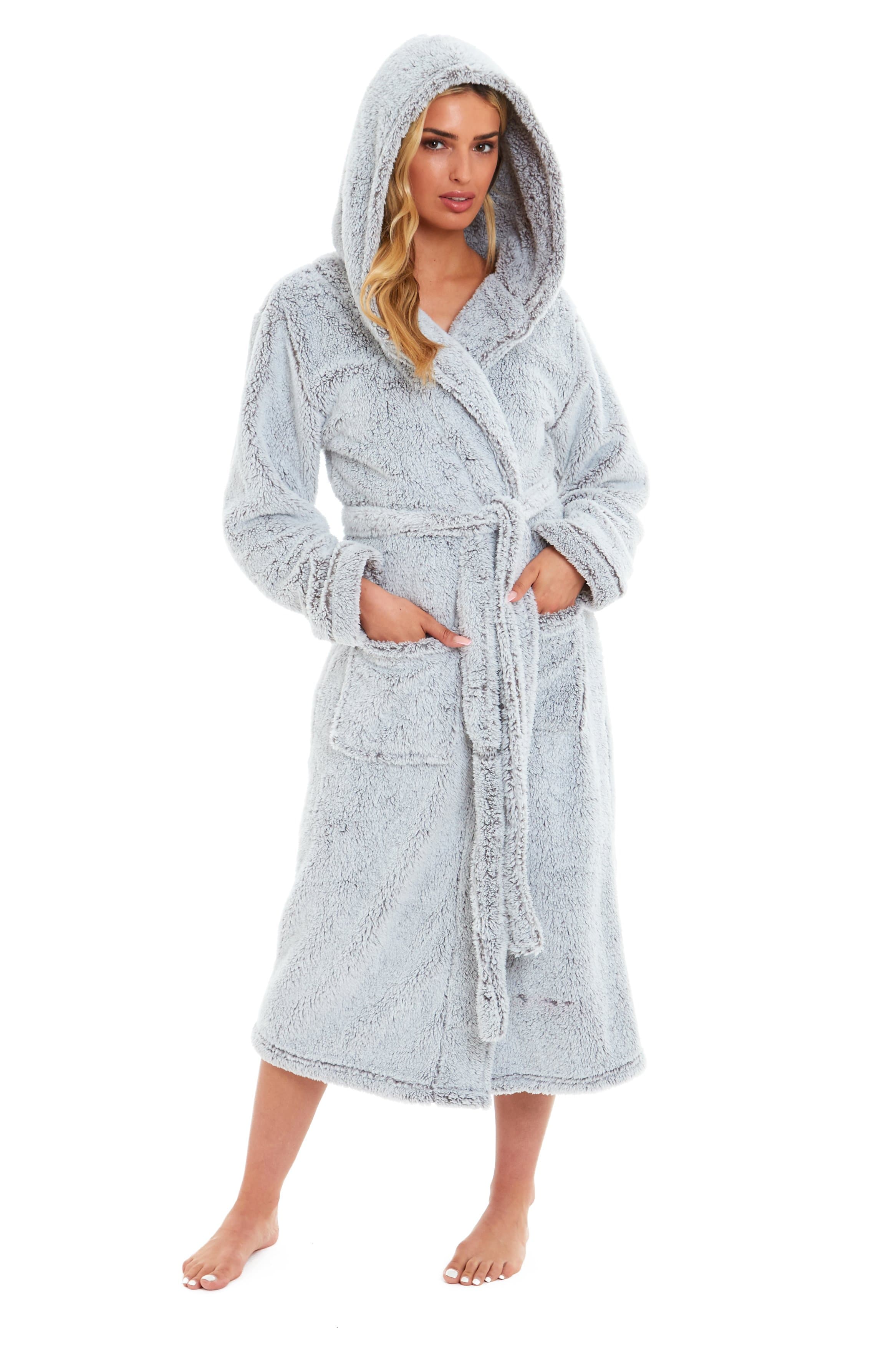 OLIVIA ROCCO Women's Shimmer Grey Snuggle Velvet Touch Fleece Hooded Robe Dressing Gown Ultra Soft Loungewear UK Size 8-22