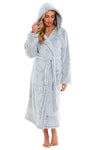 OLIVIA ROCCO Women's Shimmer Grey Snuggle Velvet Touch Fleece Hooded Robe Dressing Gown Ultra Soft Loungewear UK Size 8-22