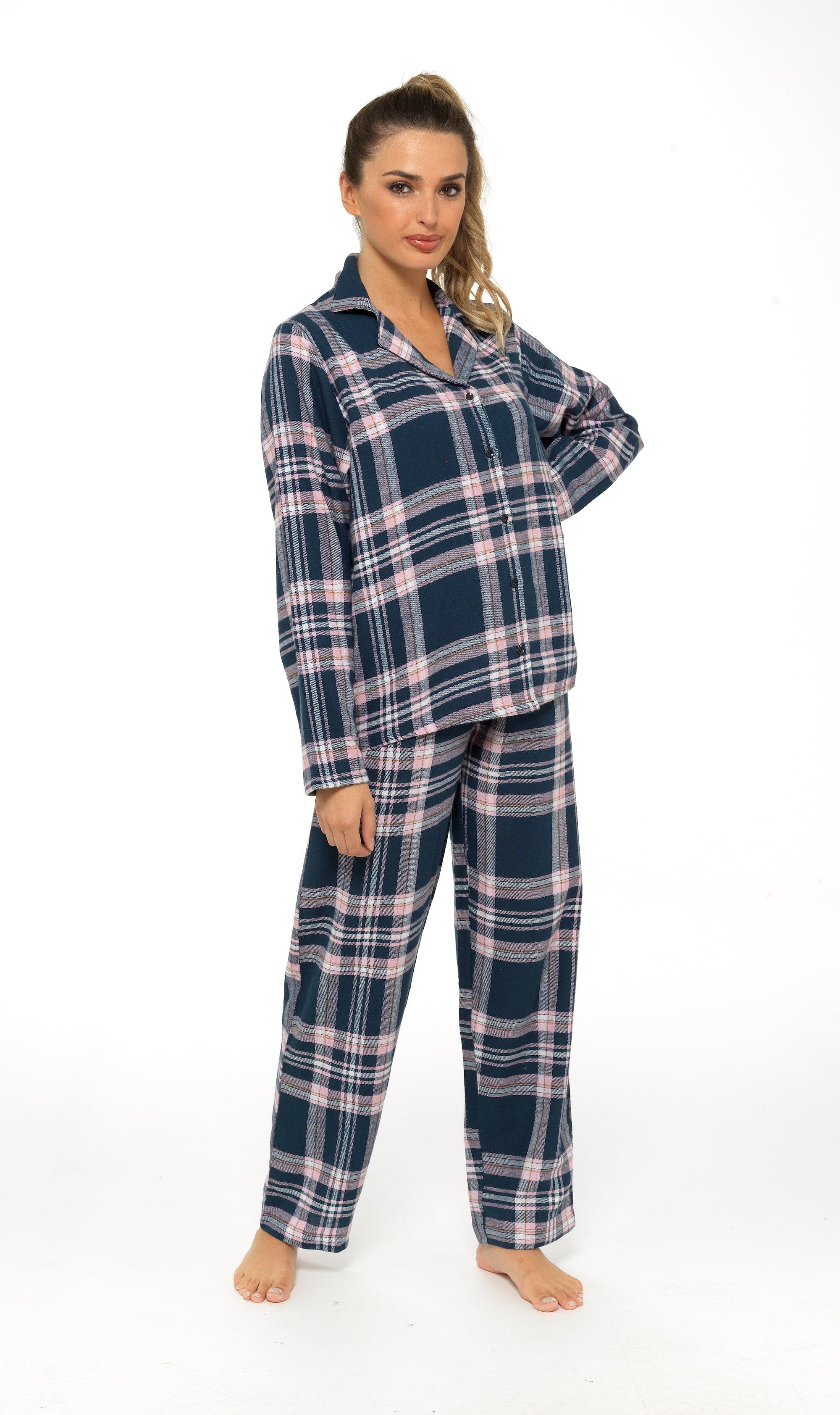 OLIVIA ROCCO Women's Flannelette Check Pyjama Set Soft Brushed Cotton With Elasticated Waistband UK Sizes 8-22 Classic Sleepwear