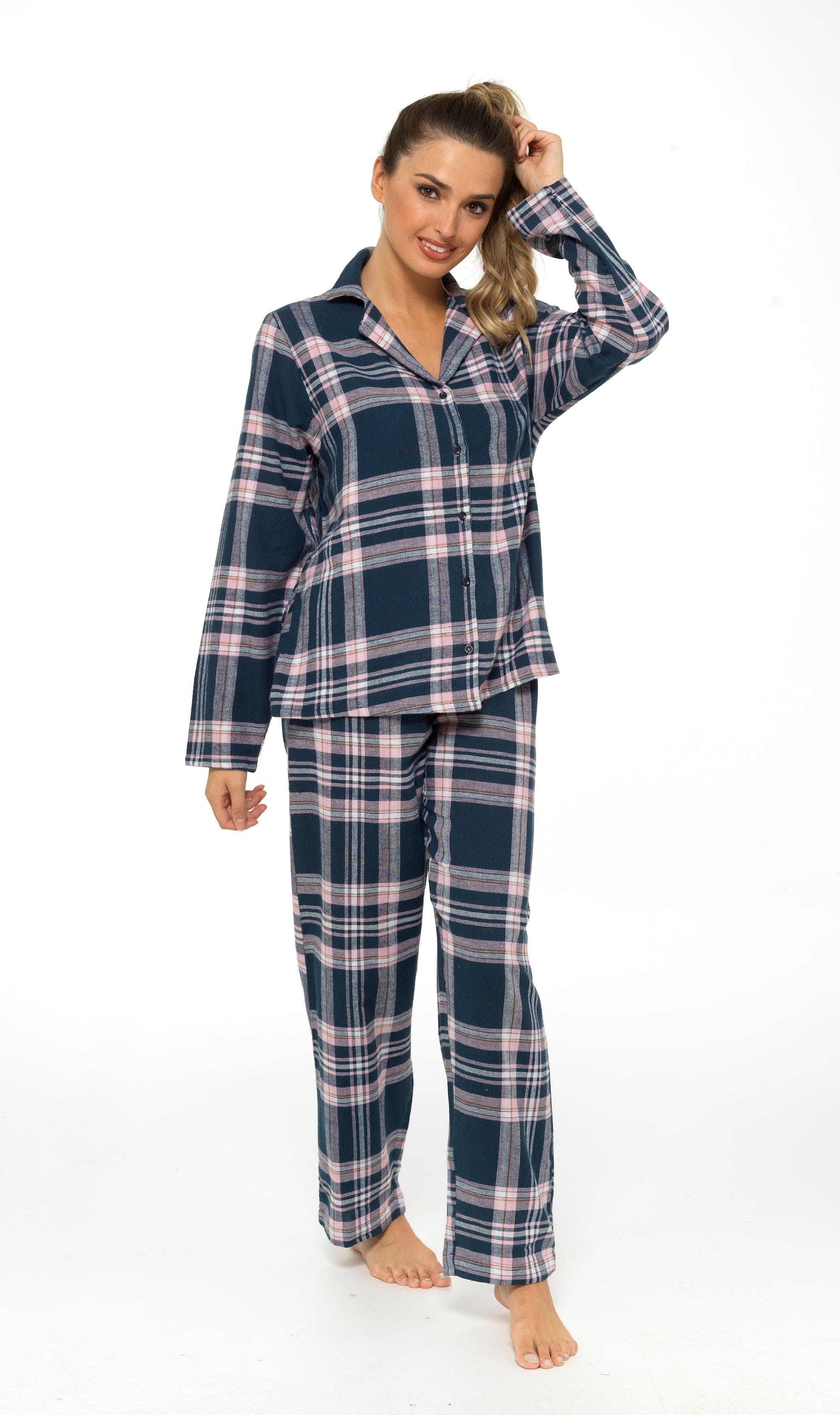 OLIVIA ROCCO Women's Flannelette Check Pyjama Set Soft Brushed Cotton With Elasticated Waistband UK Sizes 8-22 Classic Sleepwear