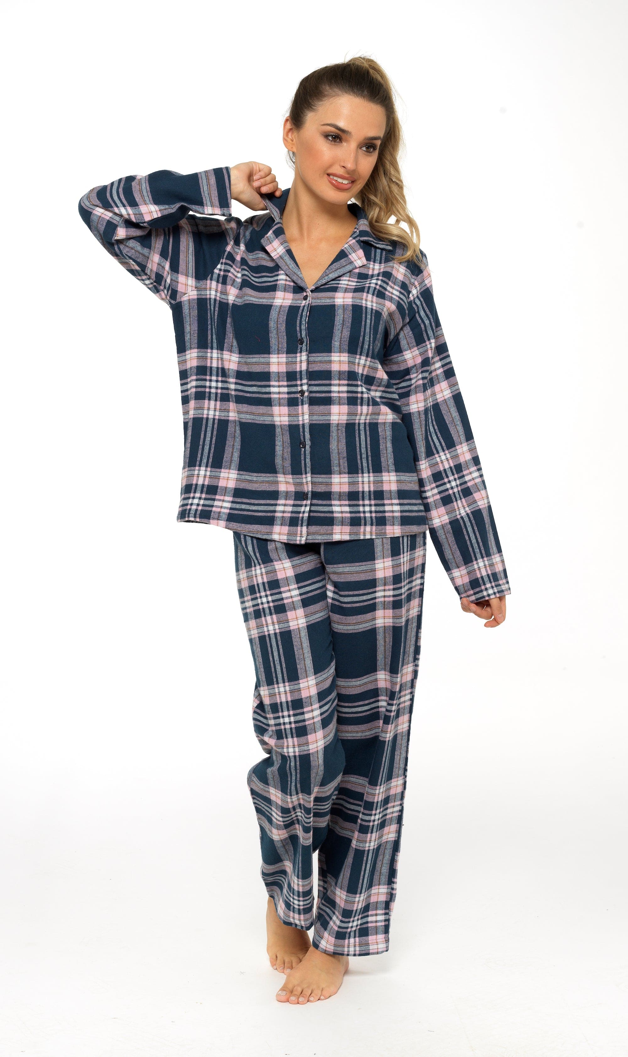 OLIVIA ROCCO Women's Flannelette Check Pyjama Set Soft Brushed Cotton With Elasticated Waistband UK Sizes 8-22 Classic Sleepwear