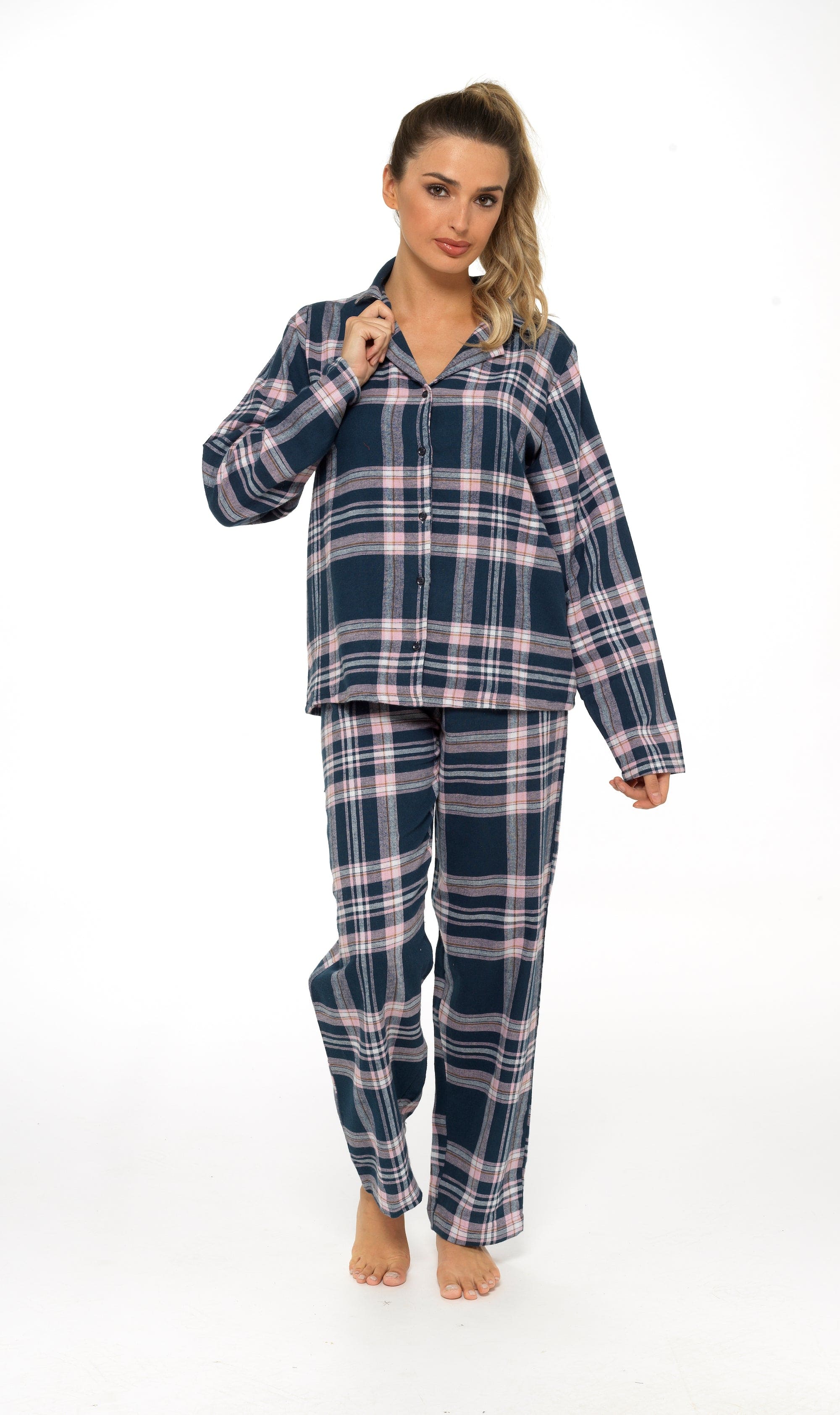 OLIVIA ROCCO Women's Flannelette Check Pyjama Set Soft Brushed Cotton With Elasticated Waistband UK Sizes 8-22 Classic Sleepwear