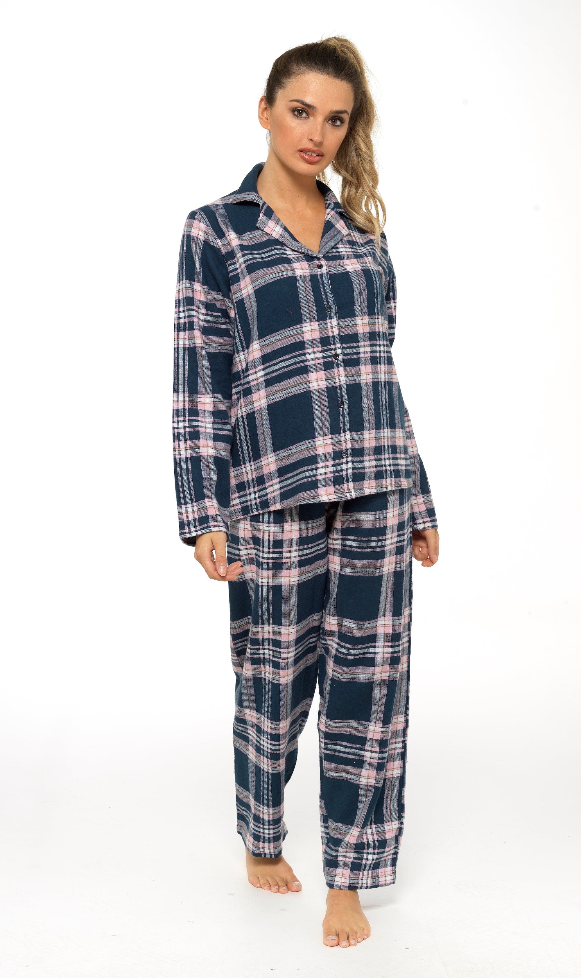 OLIVIA ROCCO Women's Flannelette Check Pyjama Set Soft Brushed Cotton With Elasticated Waistband UK Sizes 8-22 Classic Sleepwear