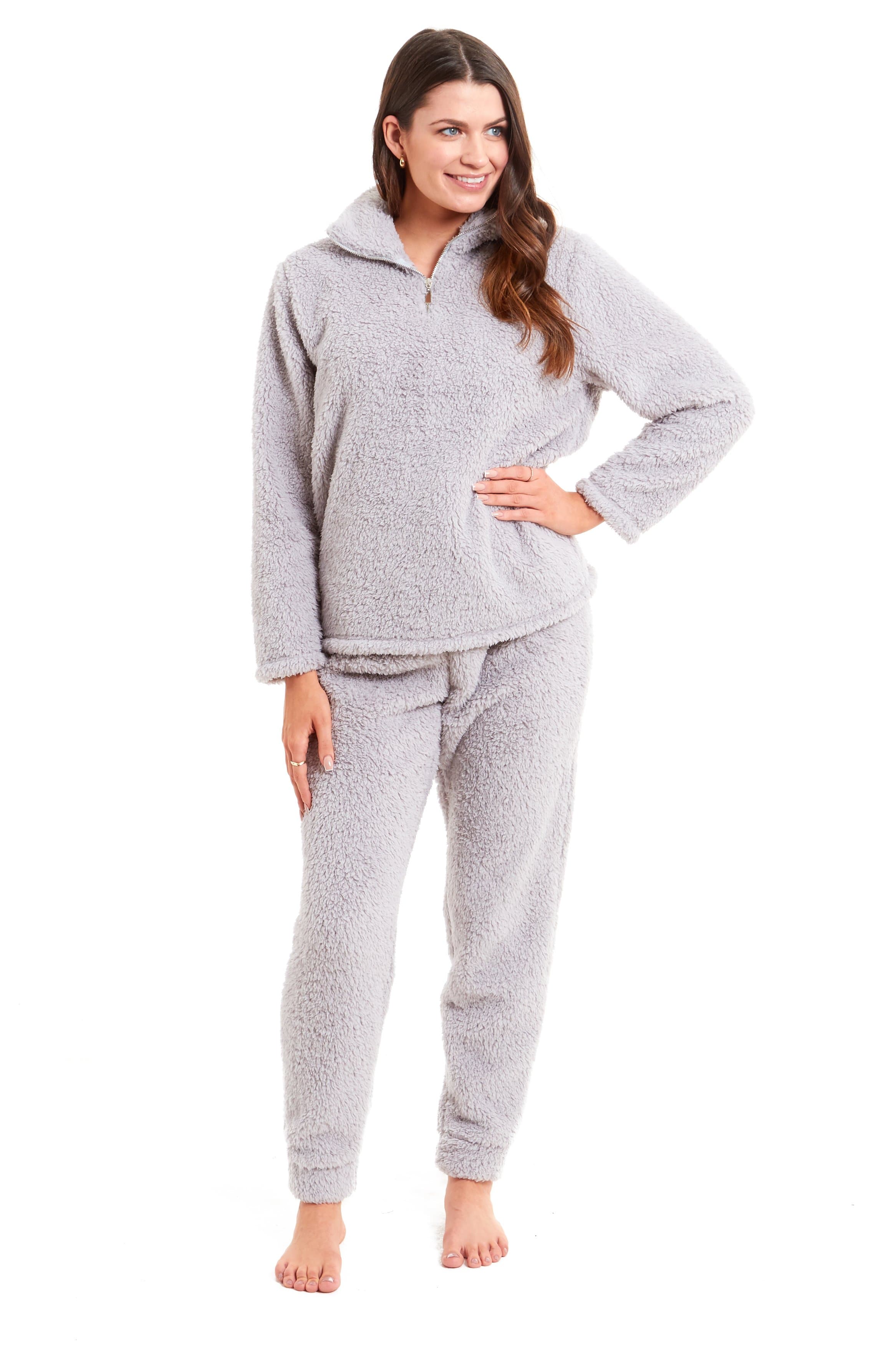 OLIVIA ROCCO Women's Teddy Fleece Lounge Set Zip Up Pyjama with Elasticated Waistband Cozy Fluffy Nightwear Relaxed Fit Design For Home