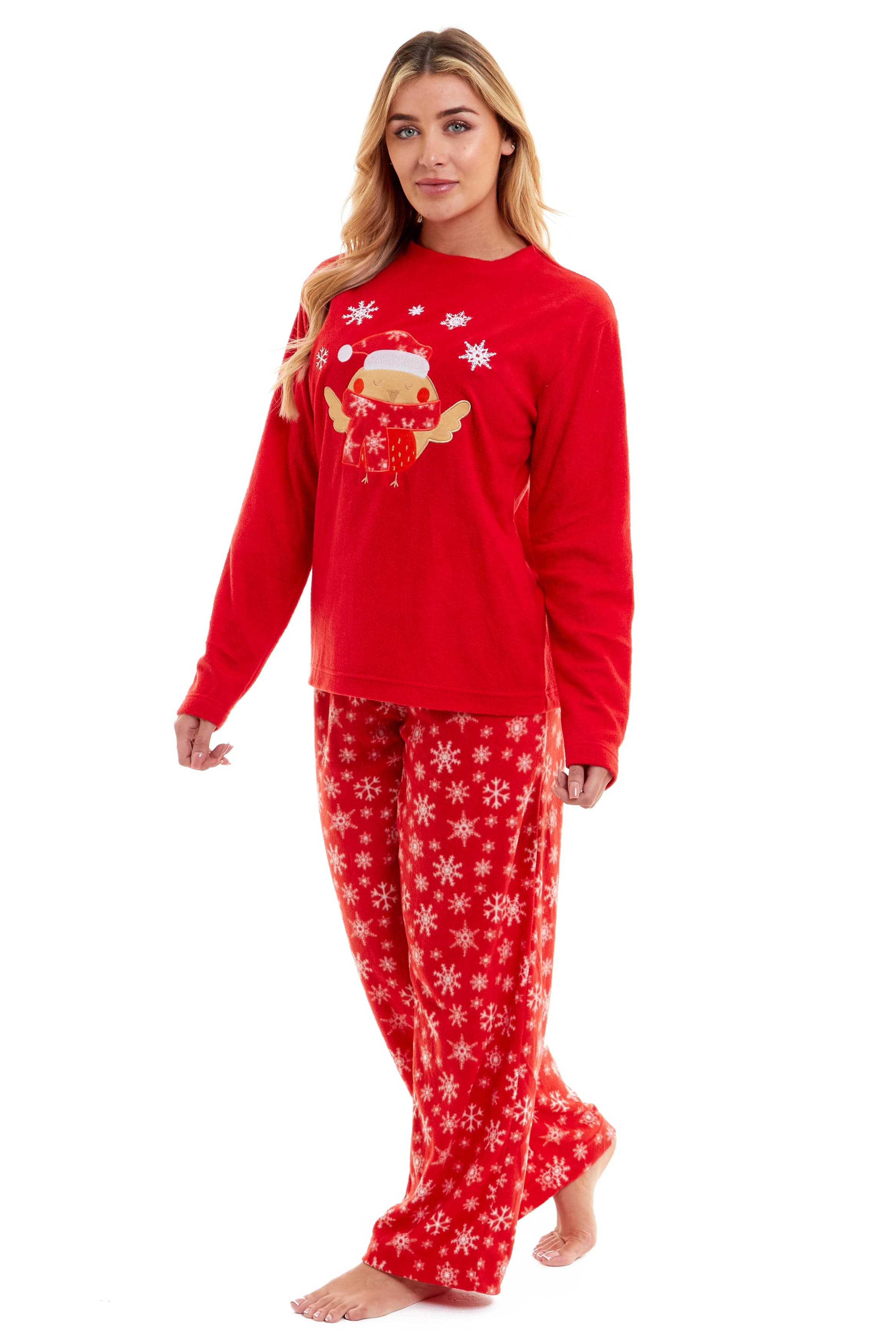 OLIVIA ROCCO Women's Polar Fleece Pyjama Set Festive Robin Design Warm Winter Nightwear Loungewear Christmas Gift For Women