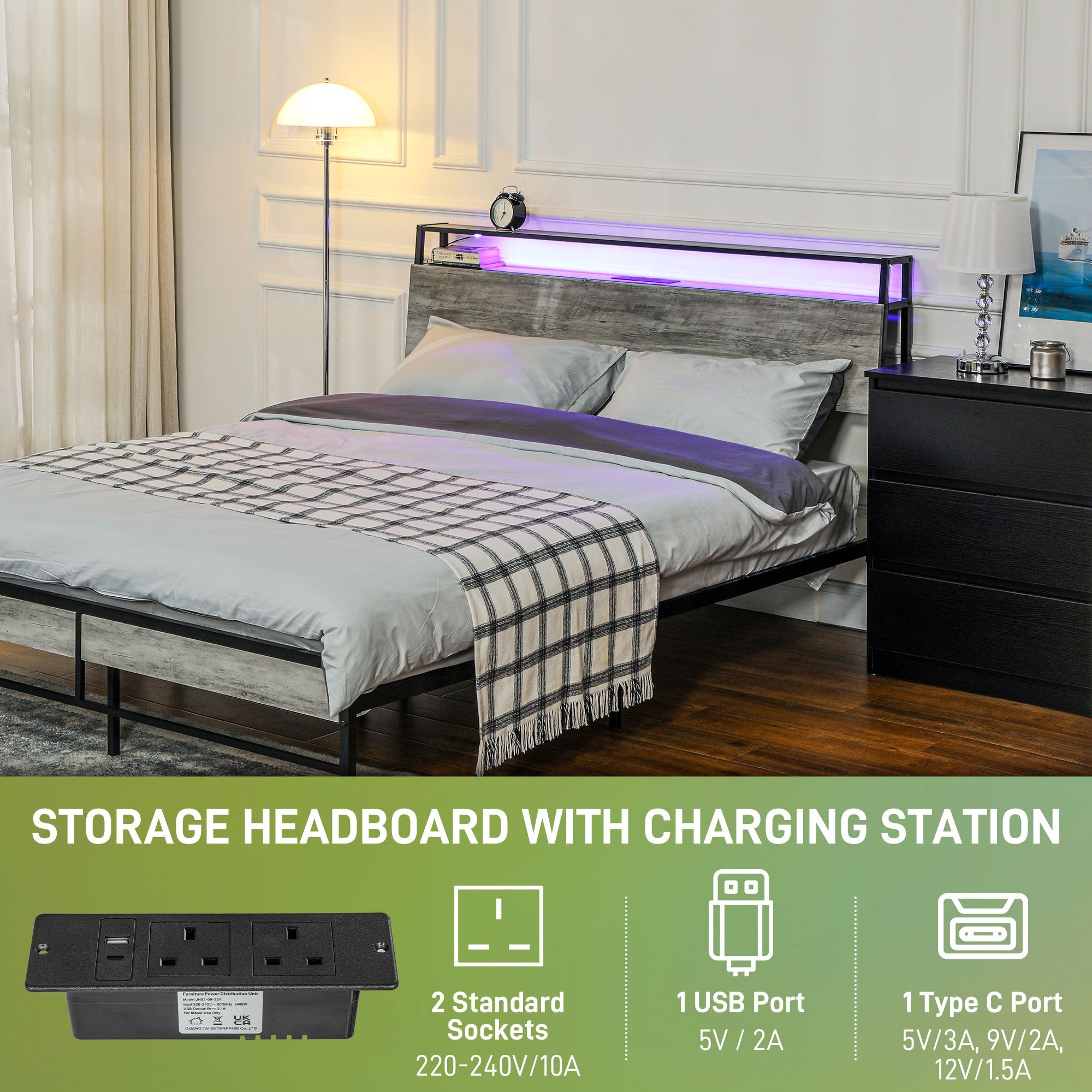 HOMCOM LED Double Bed Frame with Charging Station, 135 x 190cm, Cement Grey
